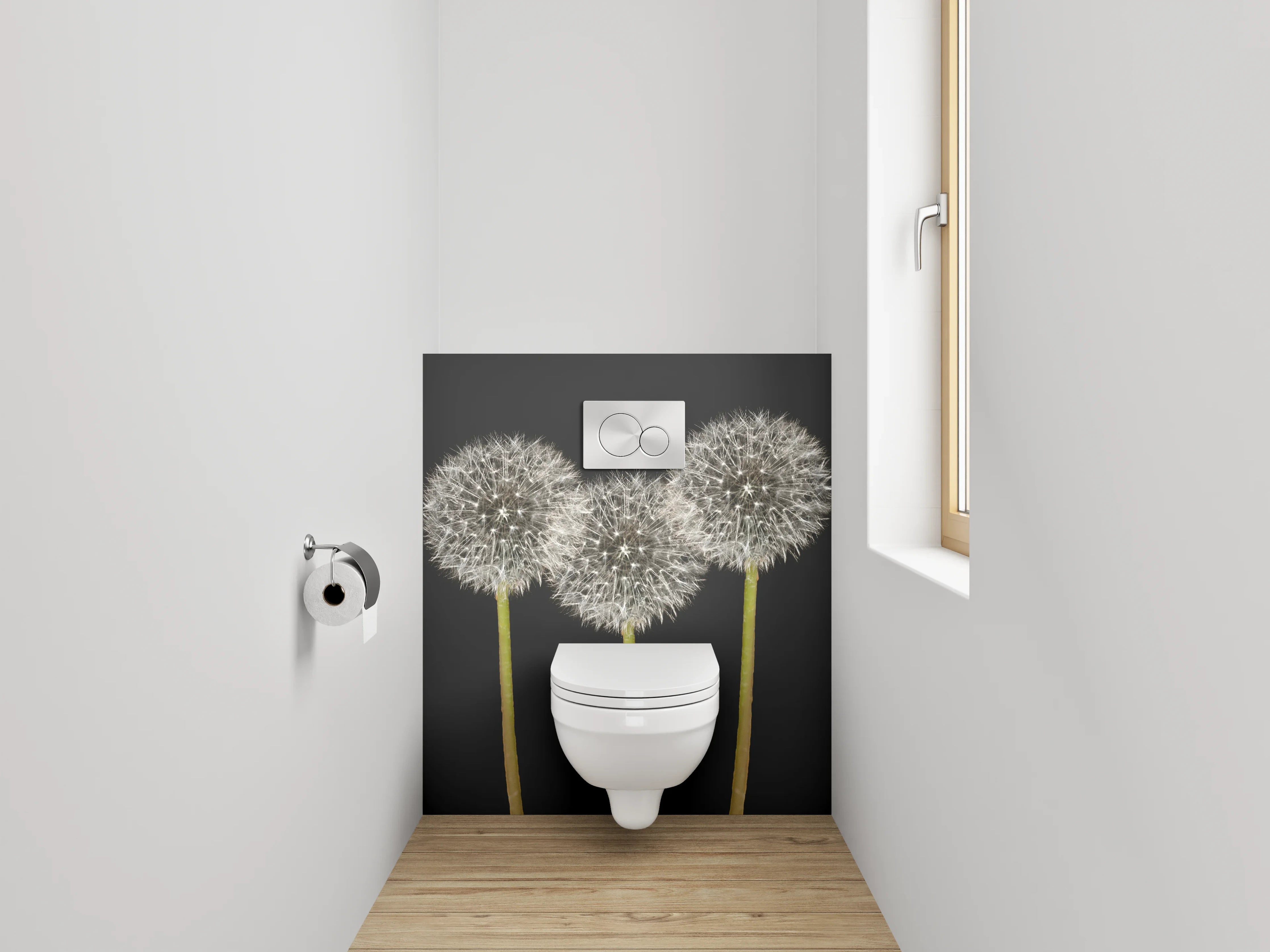 WC-Rückwand - Pusteblumen weiß-grau auf Schwarz