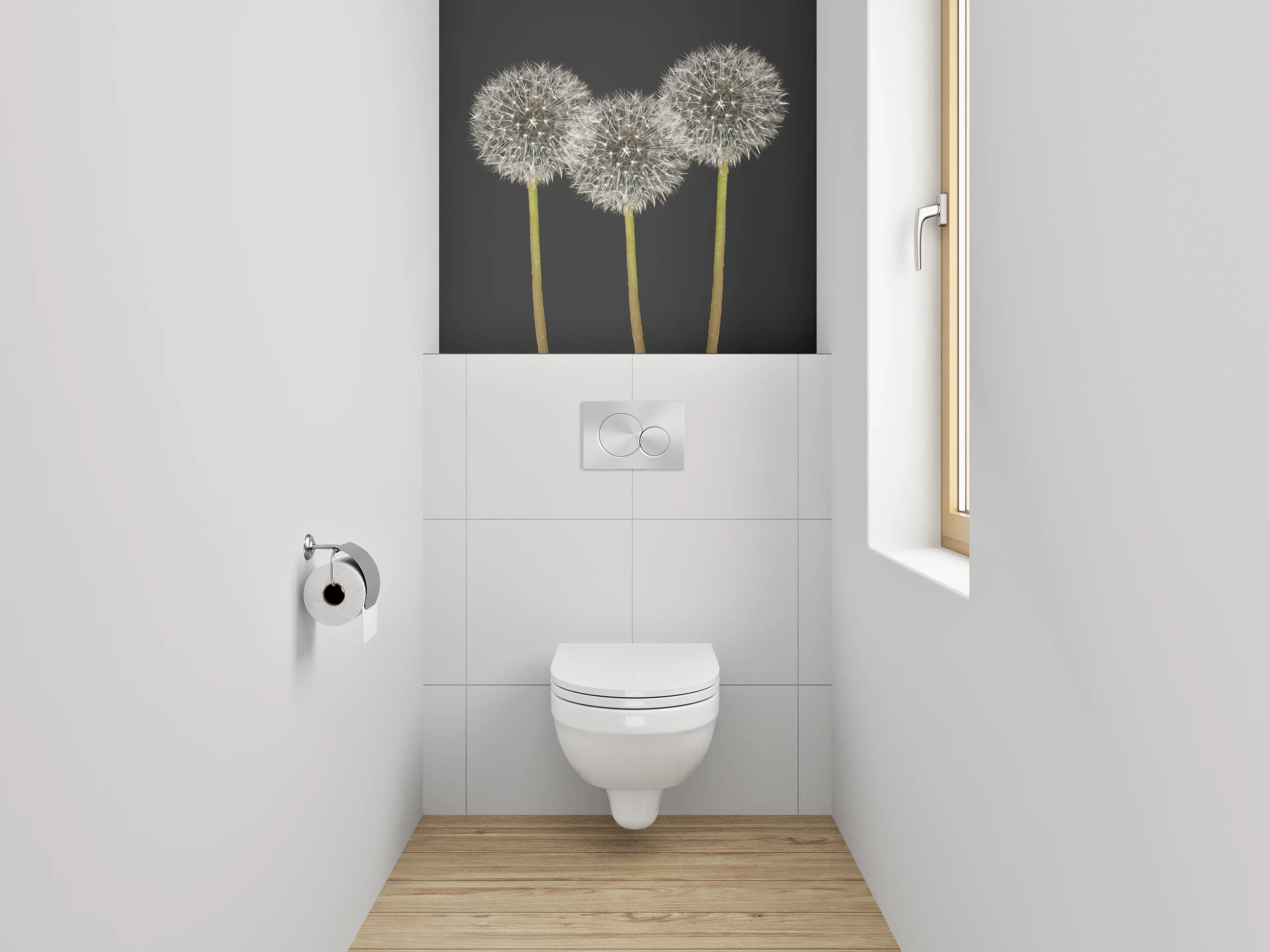 WC-Rückwand - Pusteblumen weiß-grau auf Schwarz