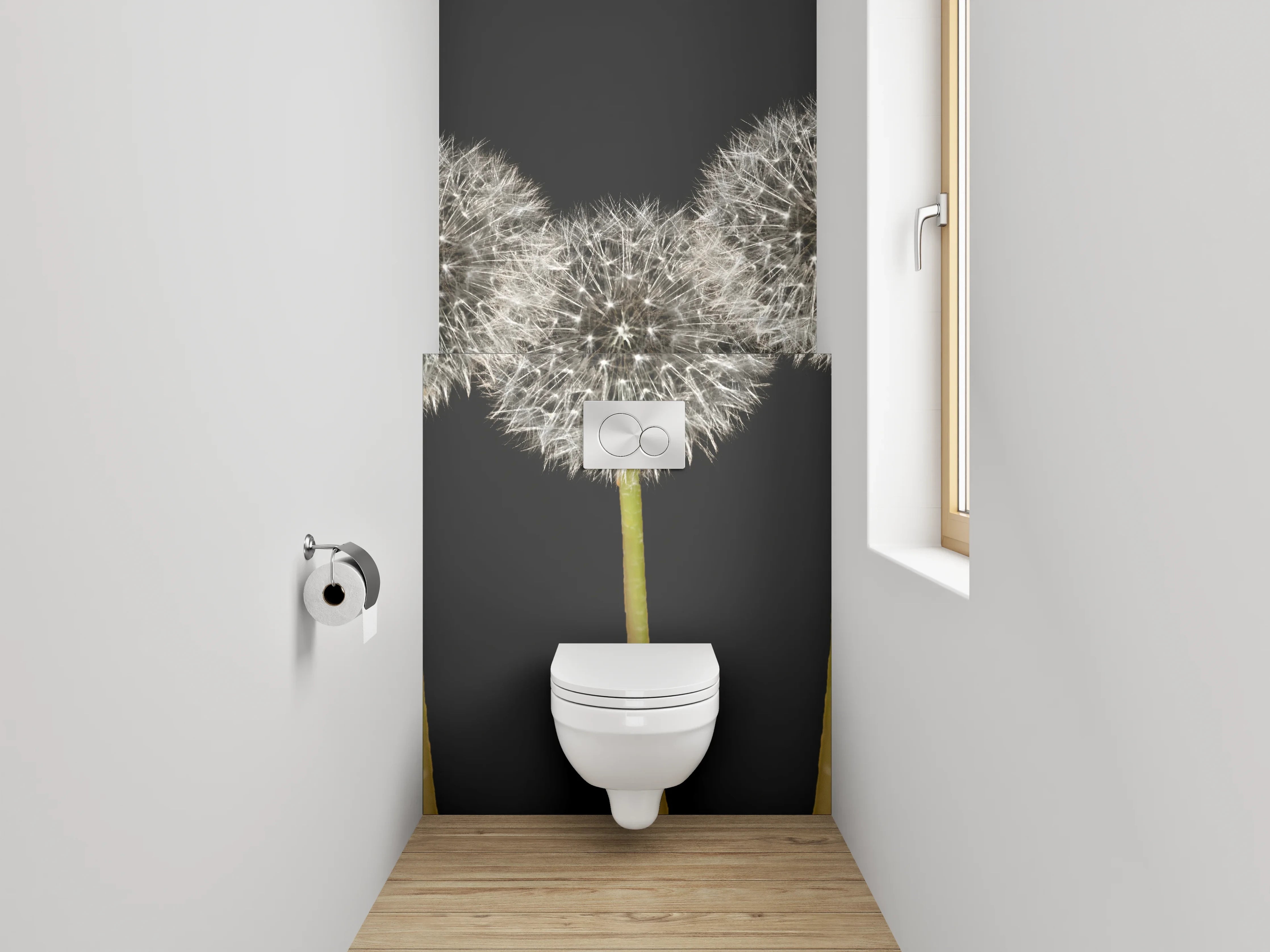 WC-Rückwand - Pusteblumen weiß-grau auf Schwarz
