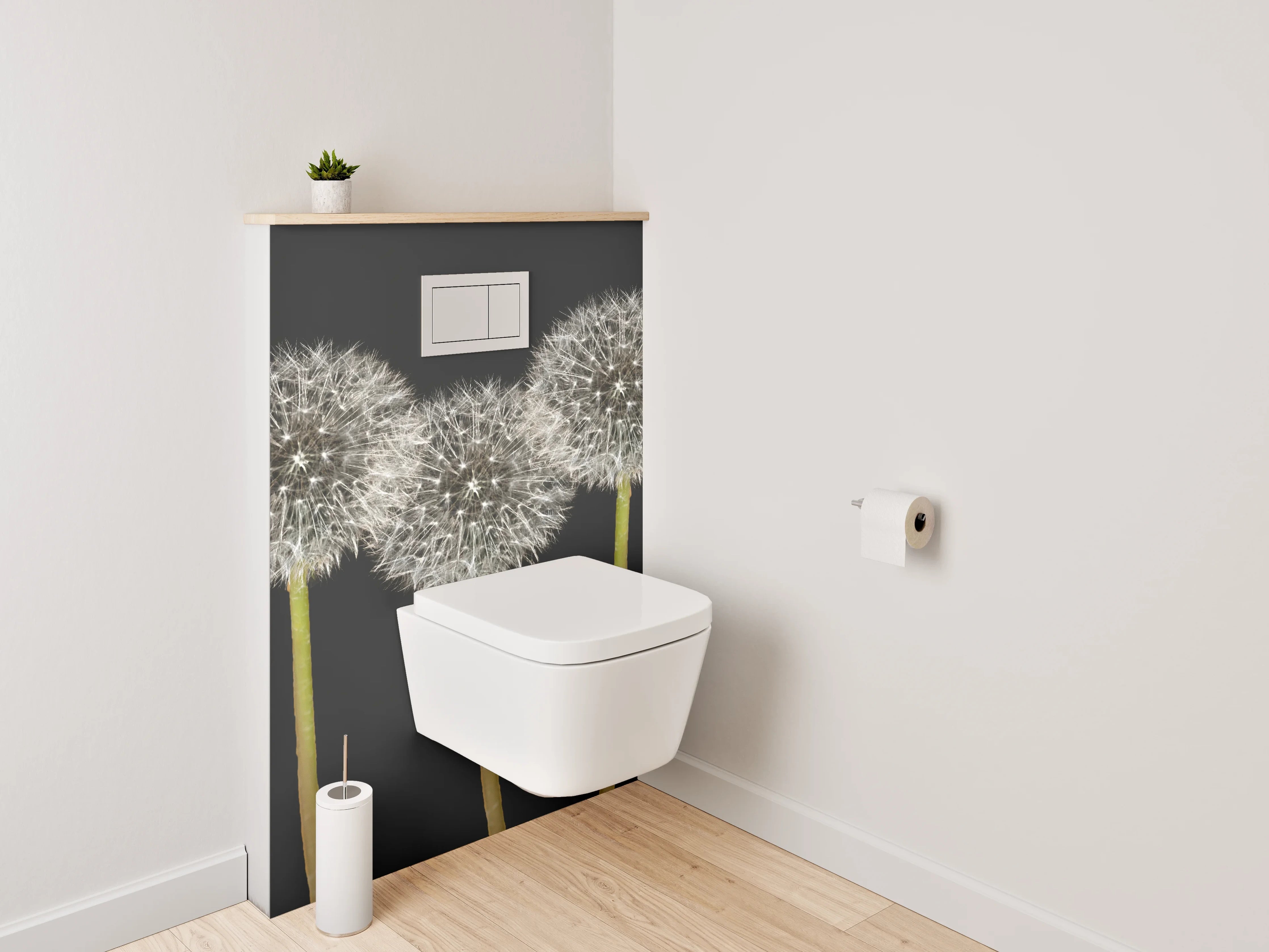 WC-Rückwand - Pusteblumen weiß-grau auf Schwarz