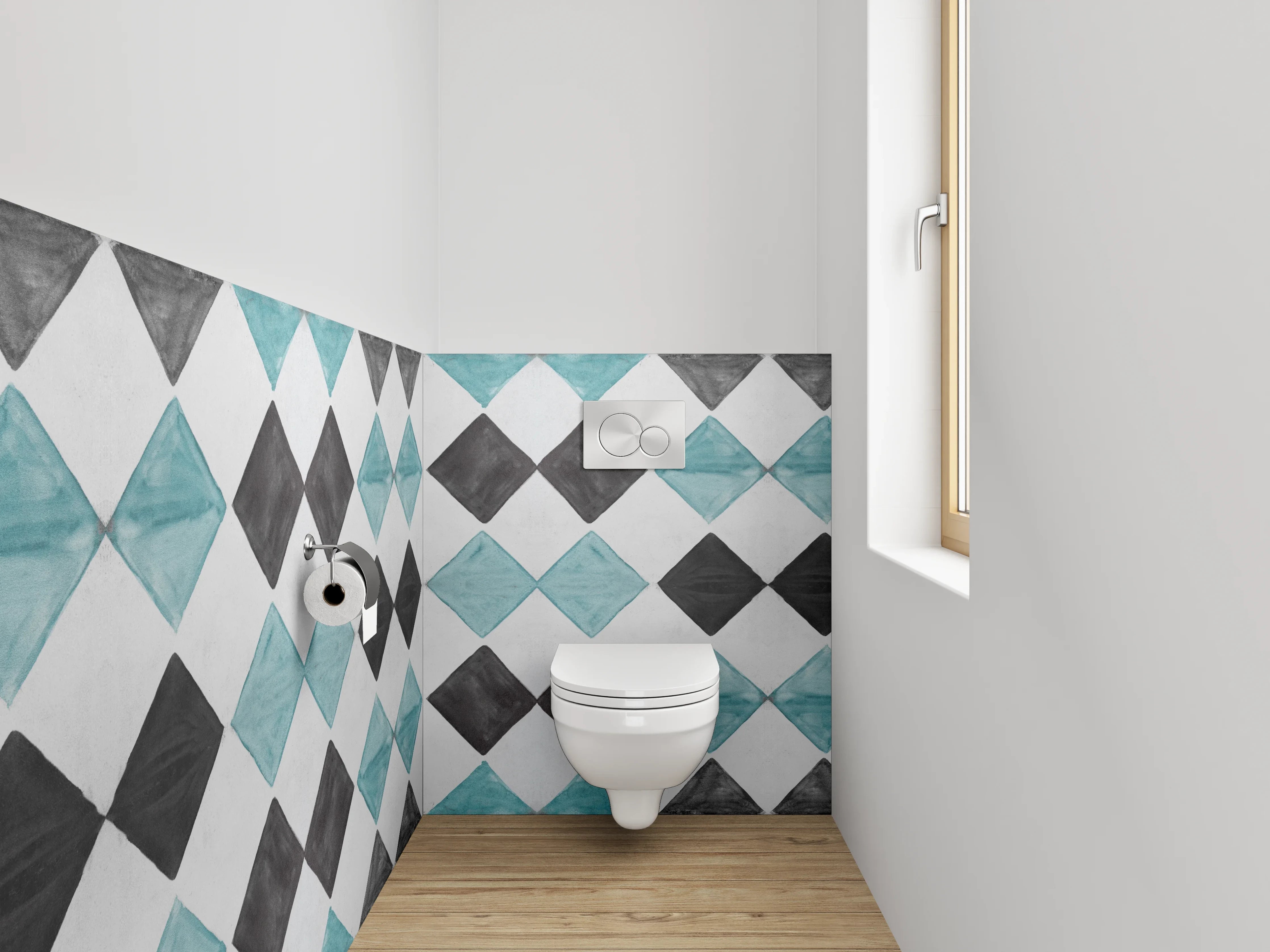 WC-Rückwand - Rauten-Mosaik in Türkis und Grau