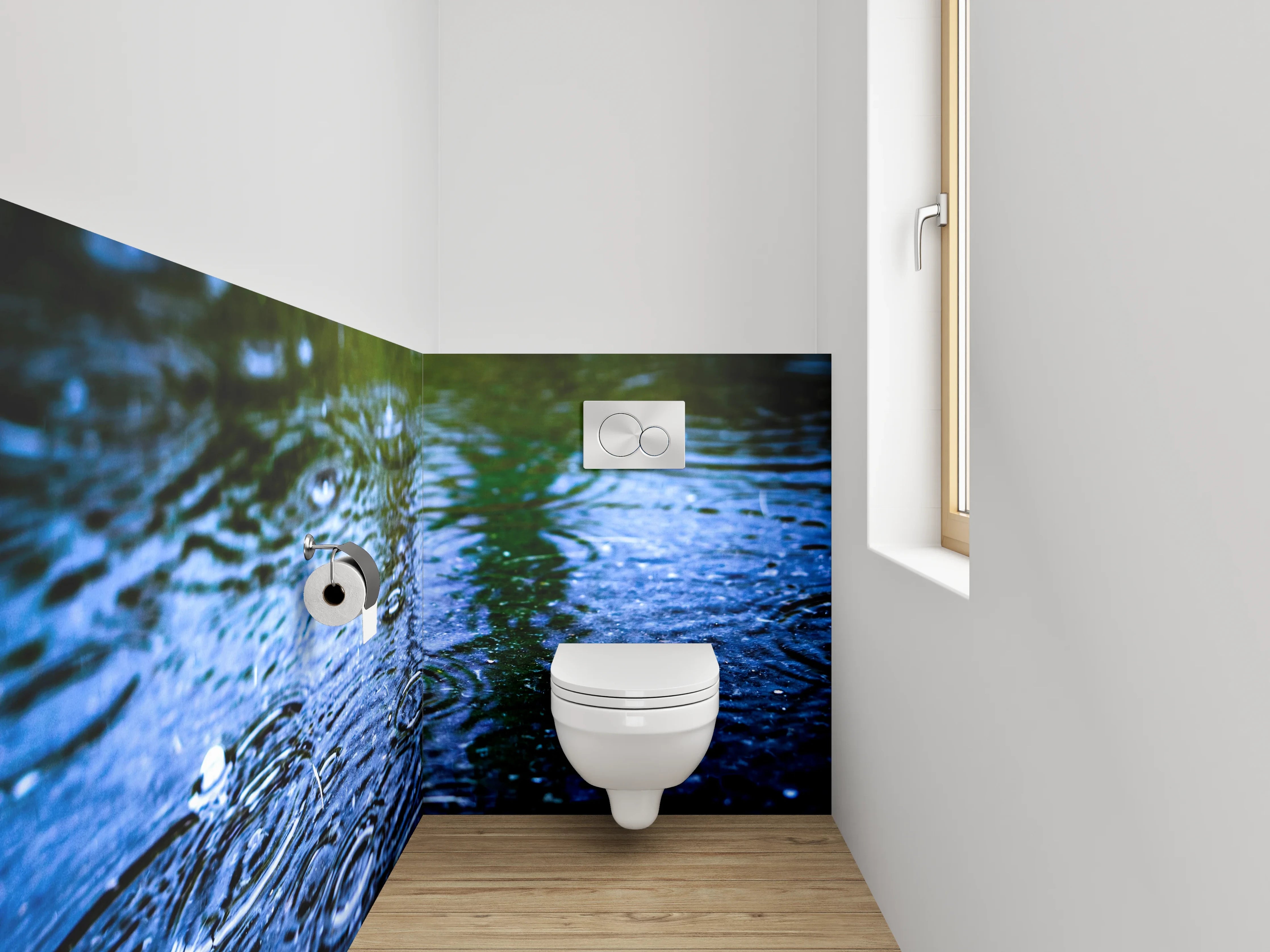 WC-Rückwand - Regen auf Wasser – Blaues Naturmotiv