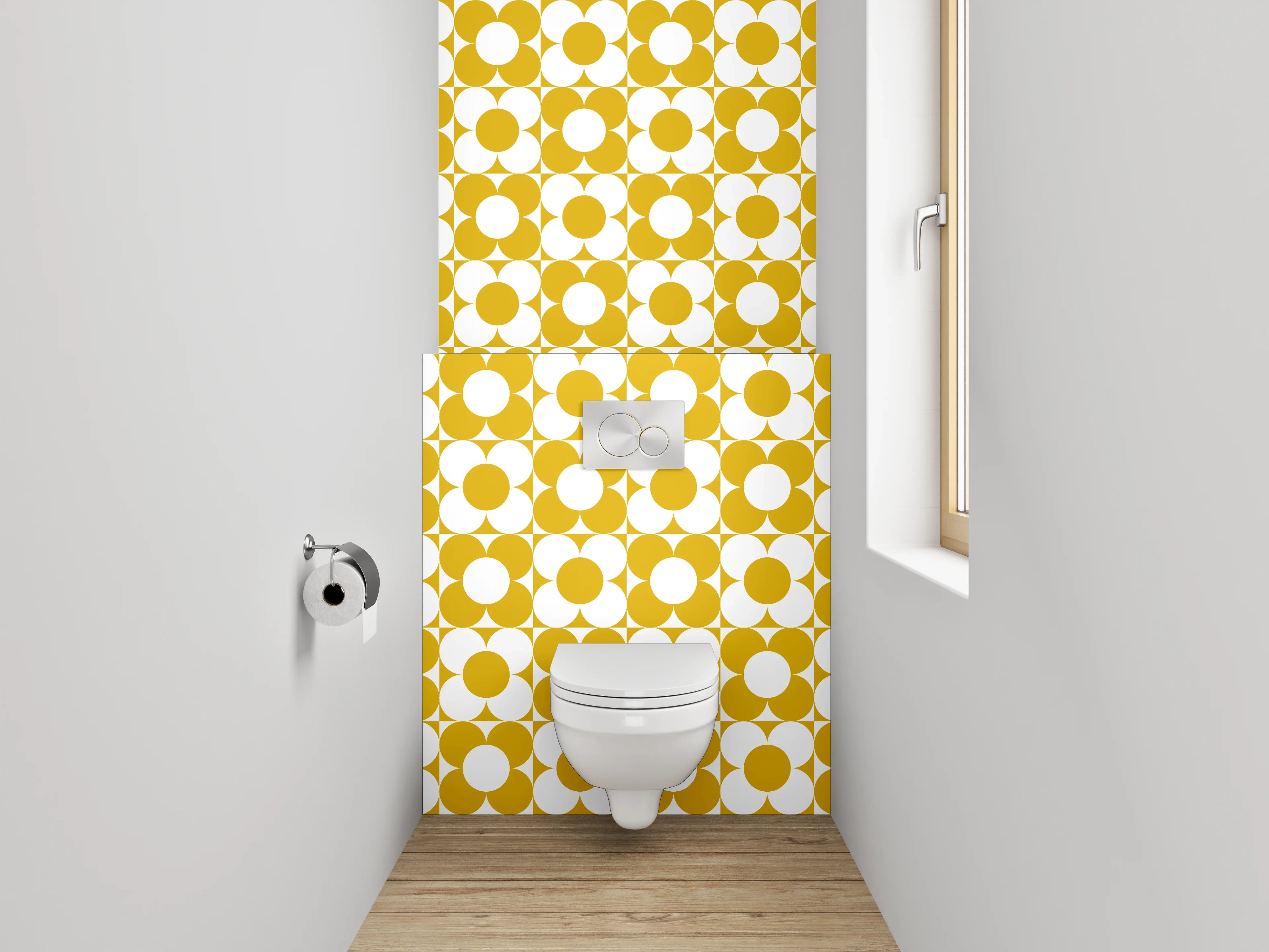 WC-Rückwand - Retro Blumenmuster Gelb Weiß
