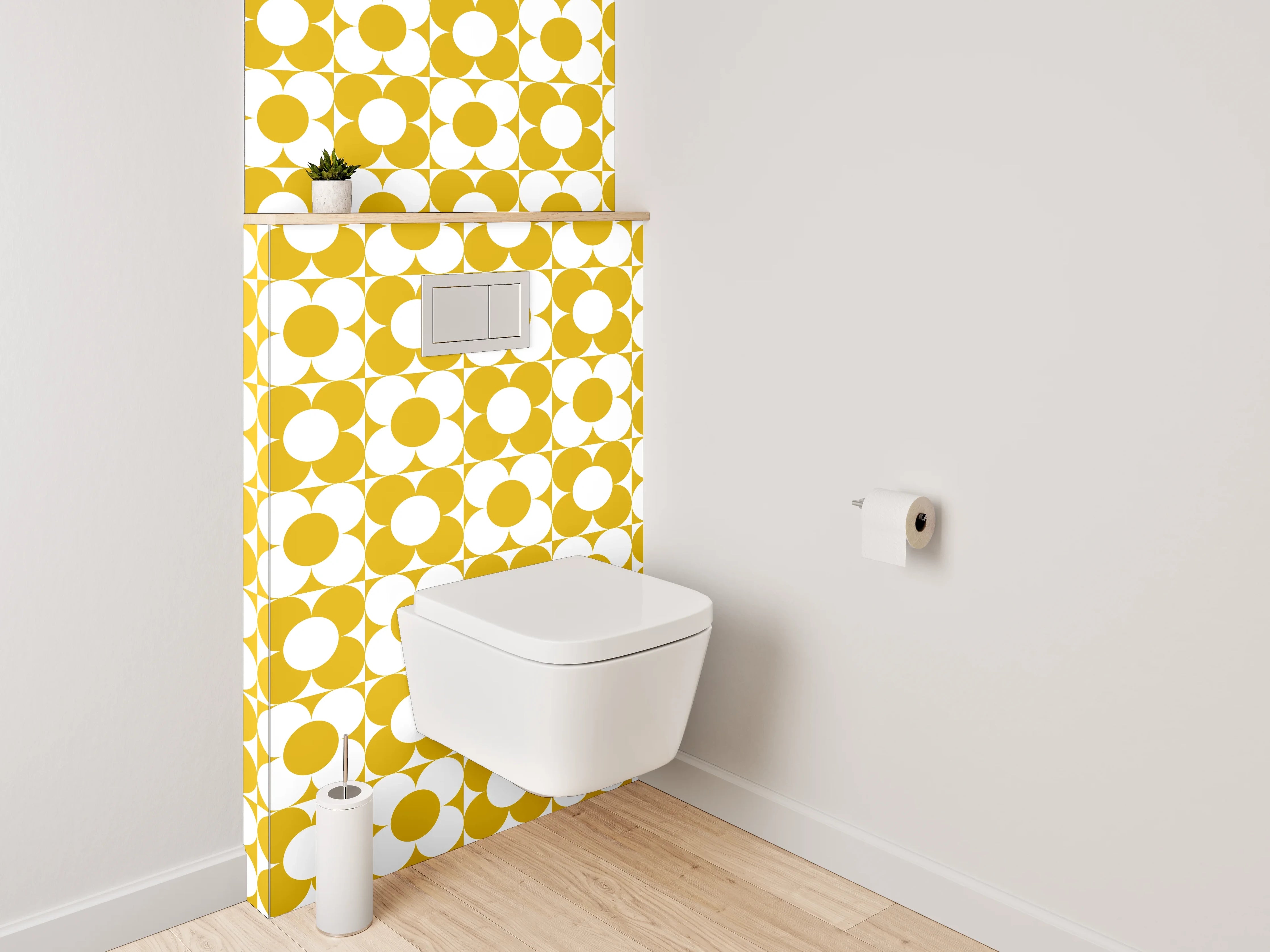 WC-Rückwand - Retro Blumenmuster Gelb Weiß