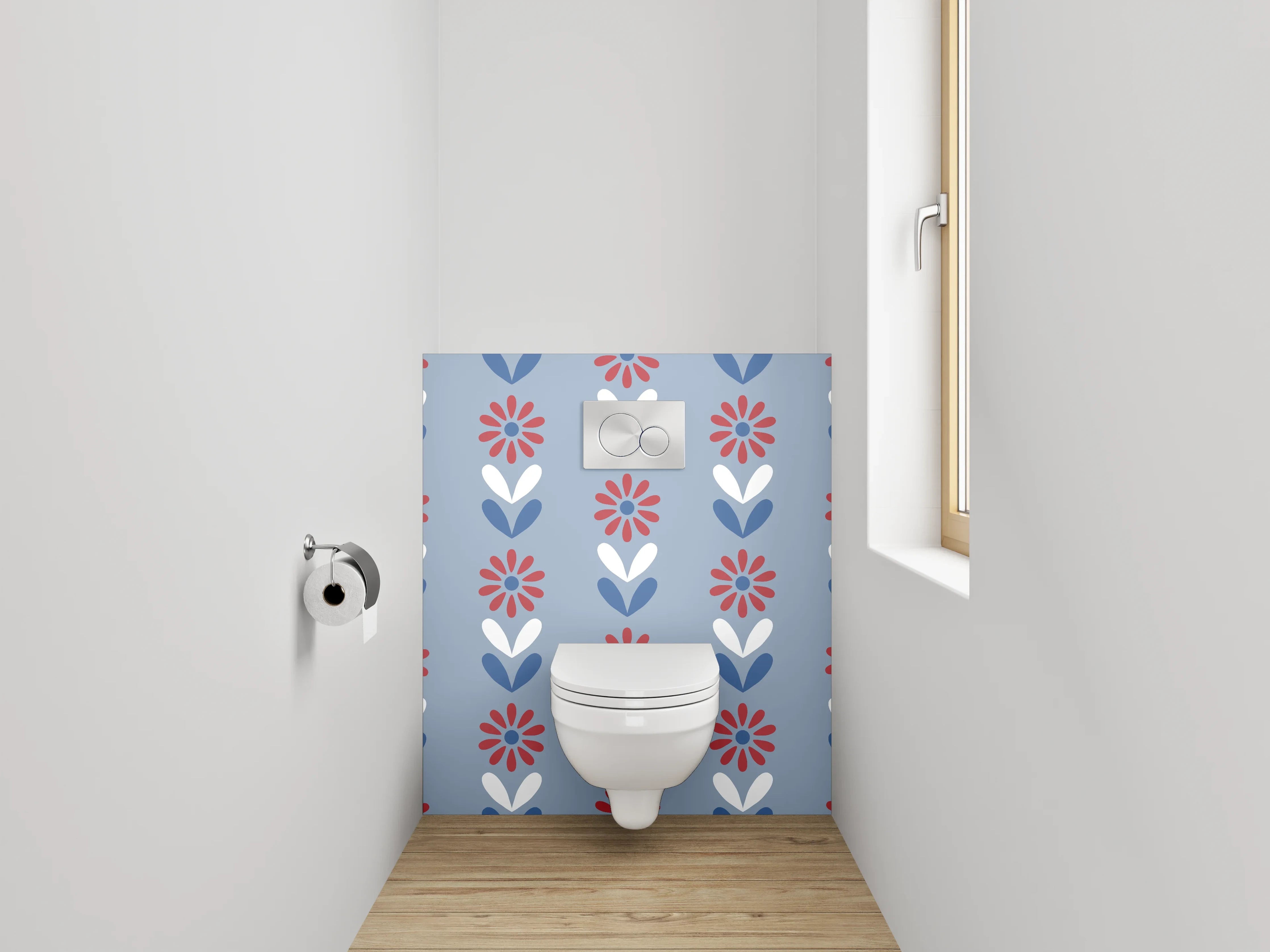 WC-Rückwand - Retro Blumenmuster in Blau und Rot
