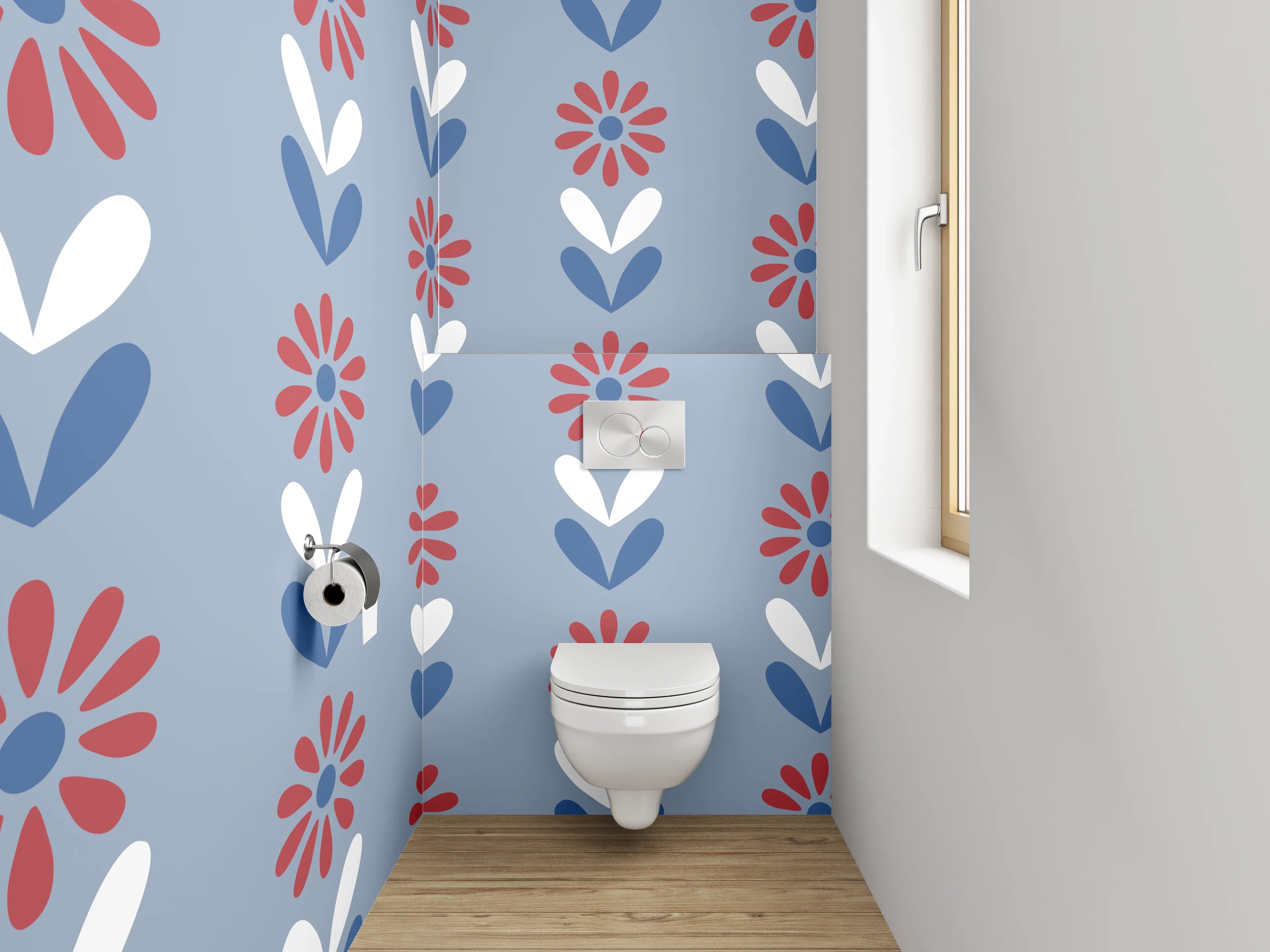 WC-Rückwand - Retro Blumenmuster in Blau und Rot