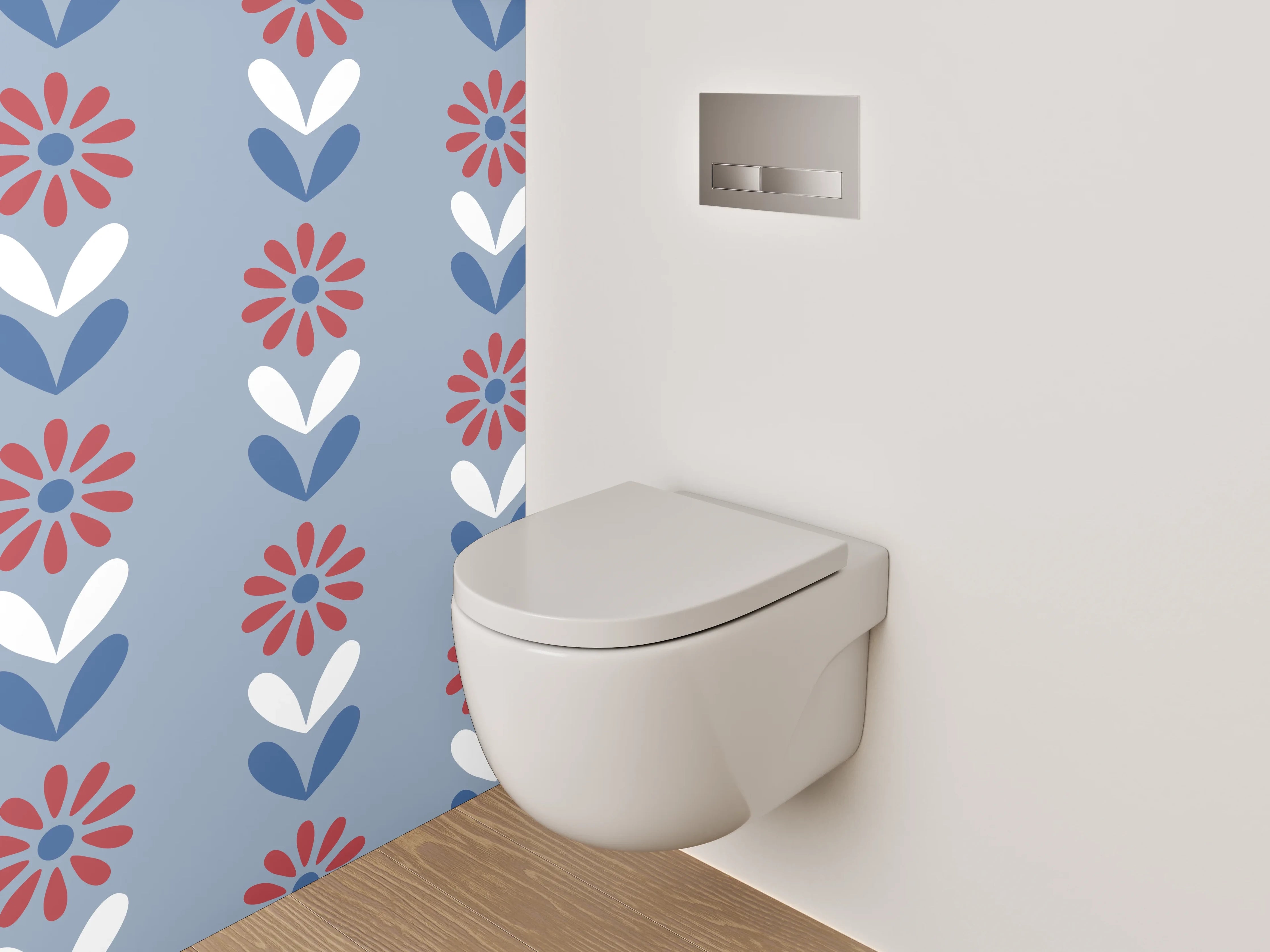 WC-Rückwand - Retro Blumenmuster in Blau und Rot