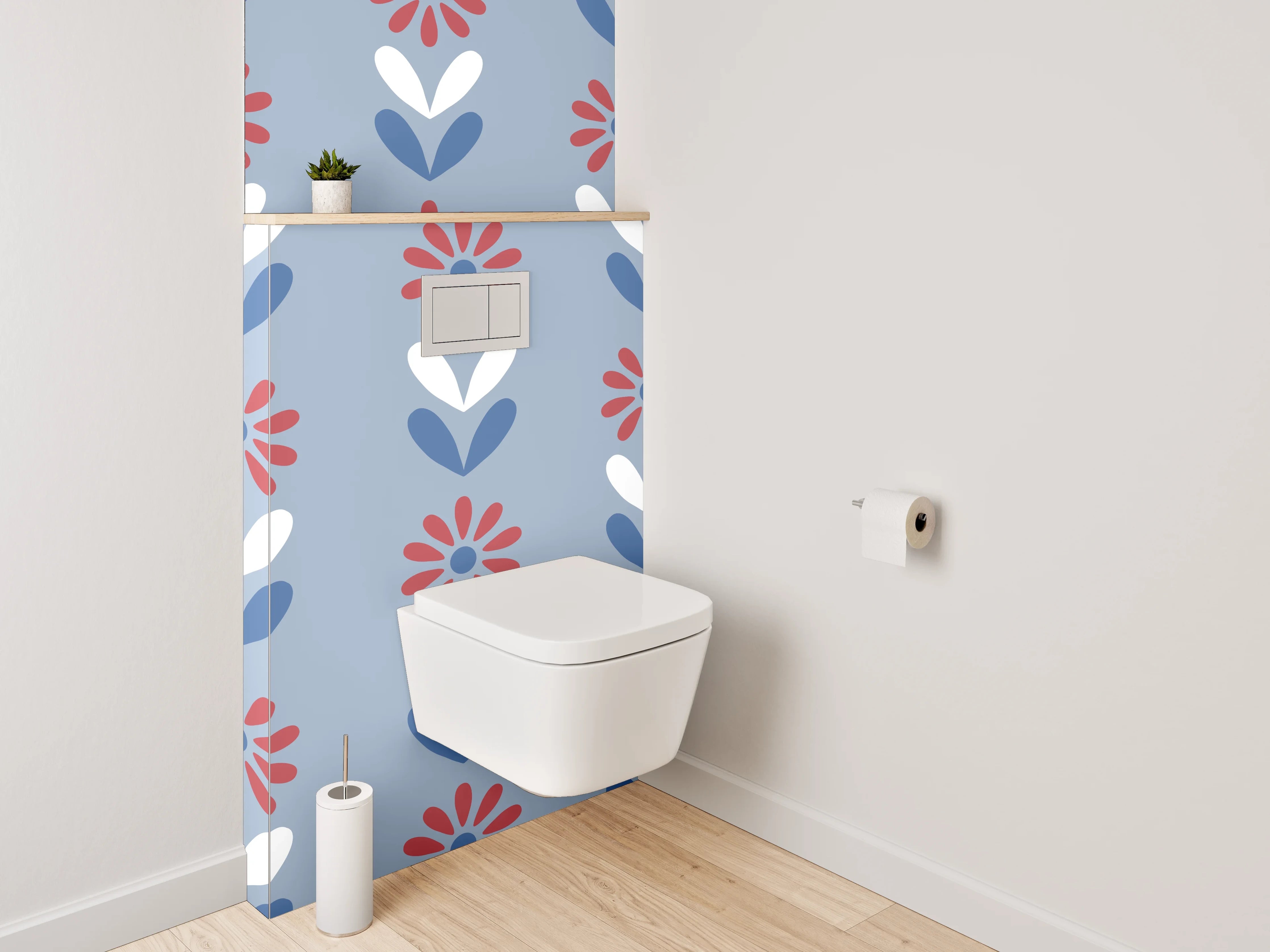 WC-Rückwand - Retro Blumenmuster in Blau und Rot
