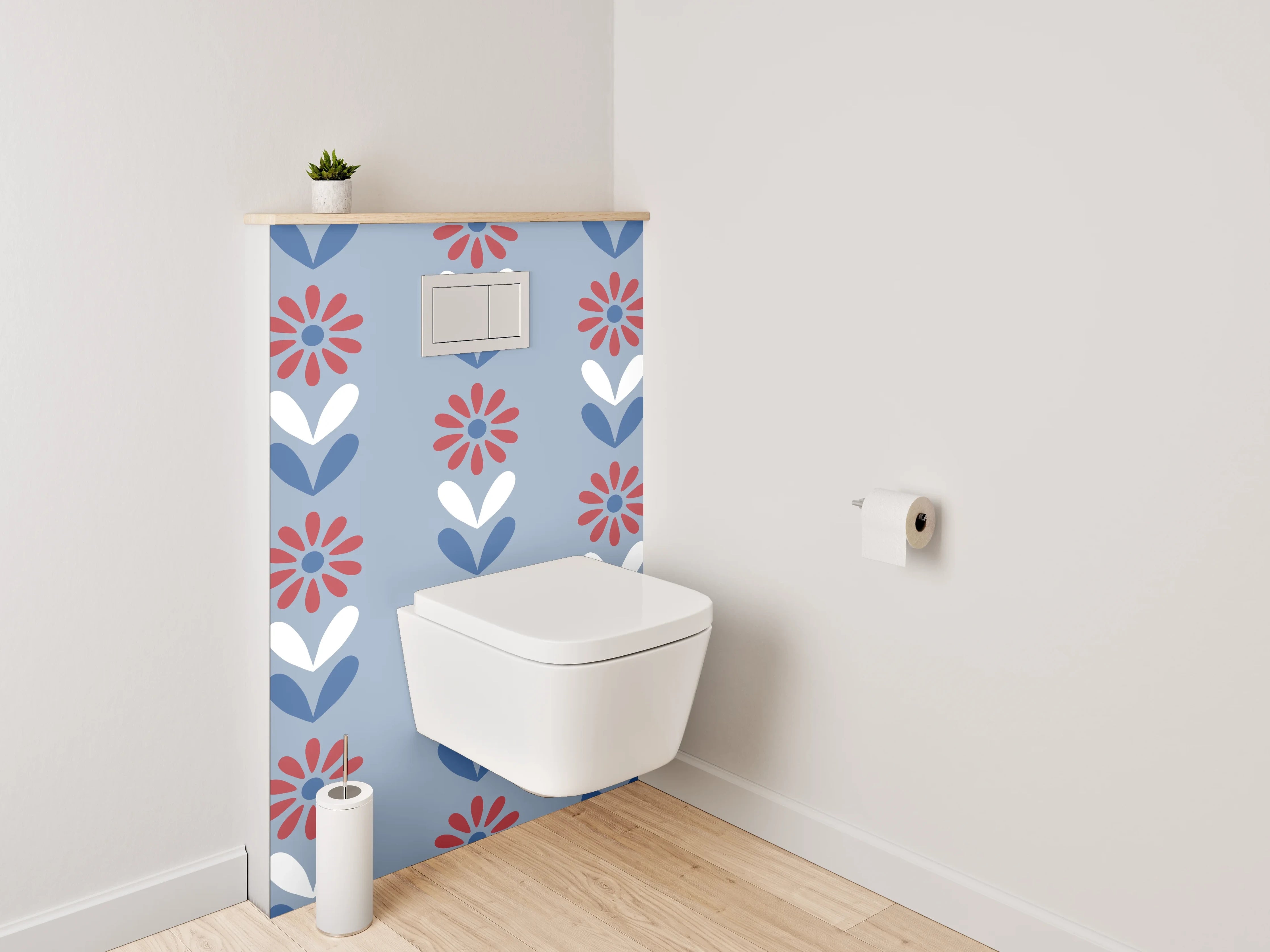 WC-Rückwand - Retro Blumenmuster in Blau und Rot