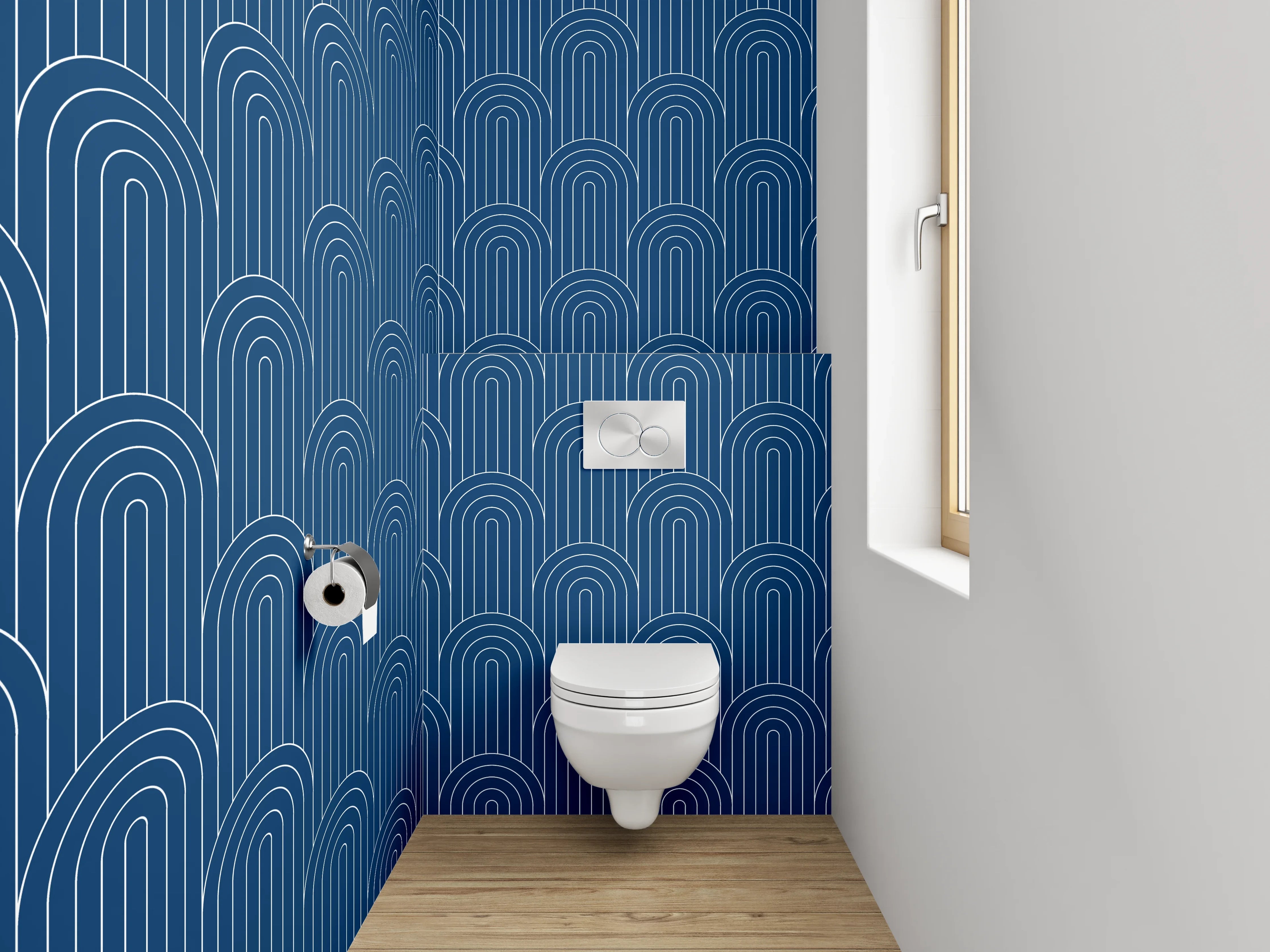 WC-Rückwand - Retro Bogenmuster Blau Tapete