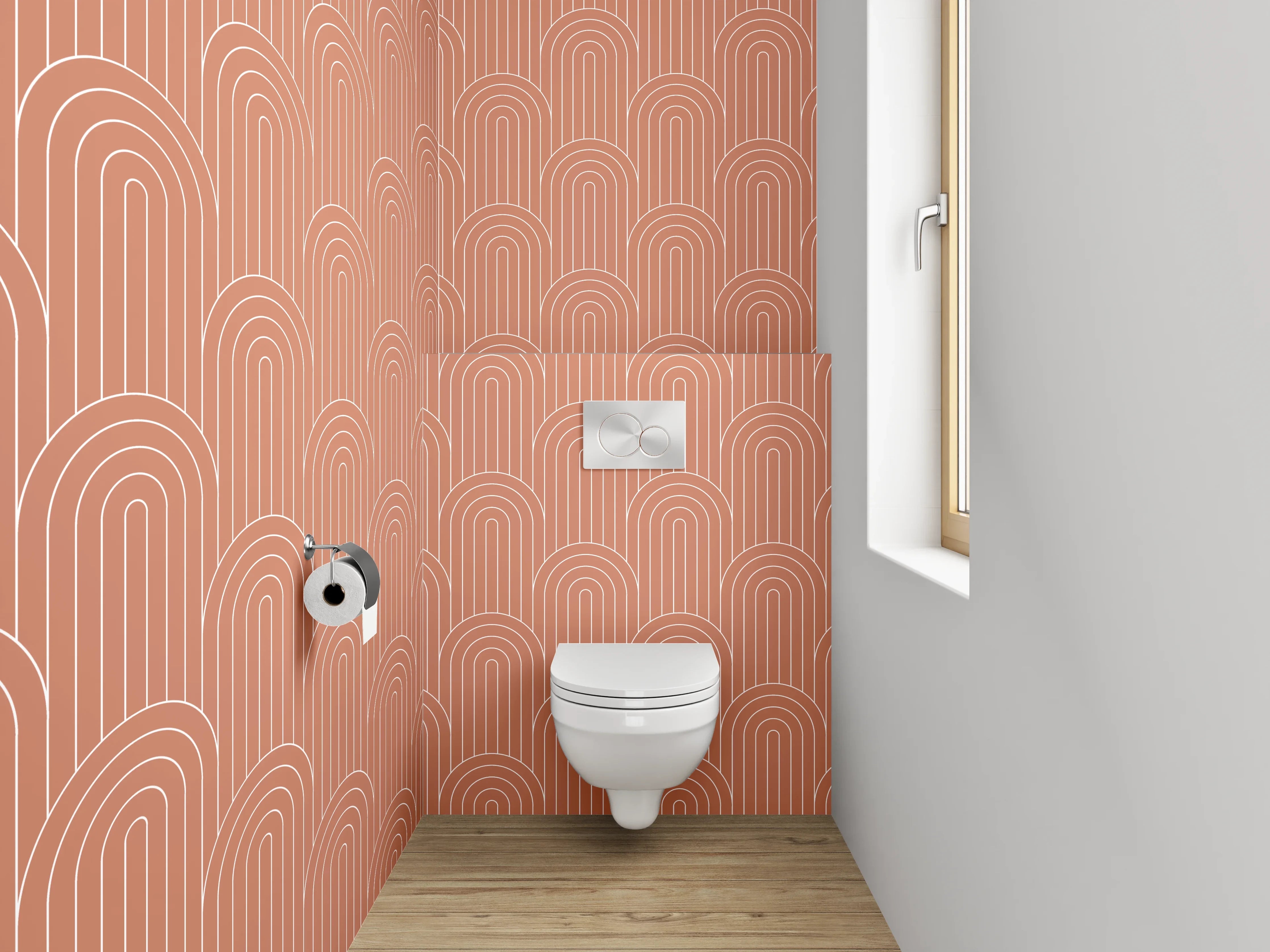WC-Rückwand - Retro Bogenmuster Orange Tapete