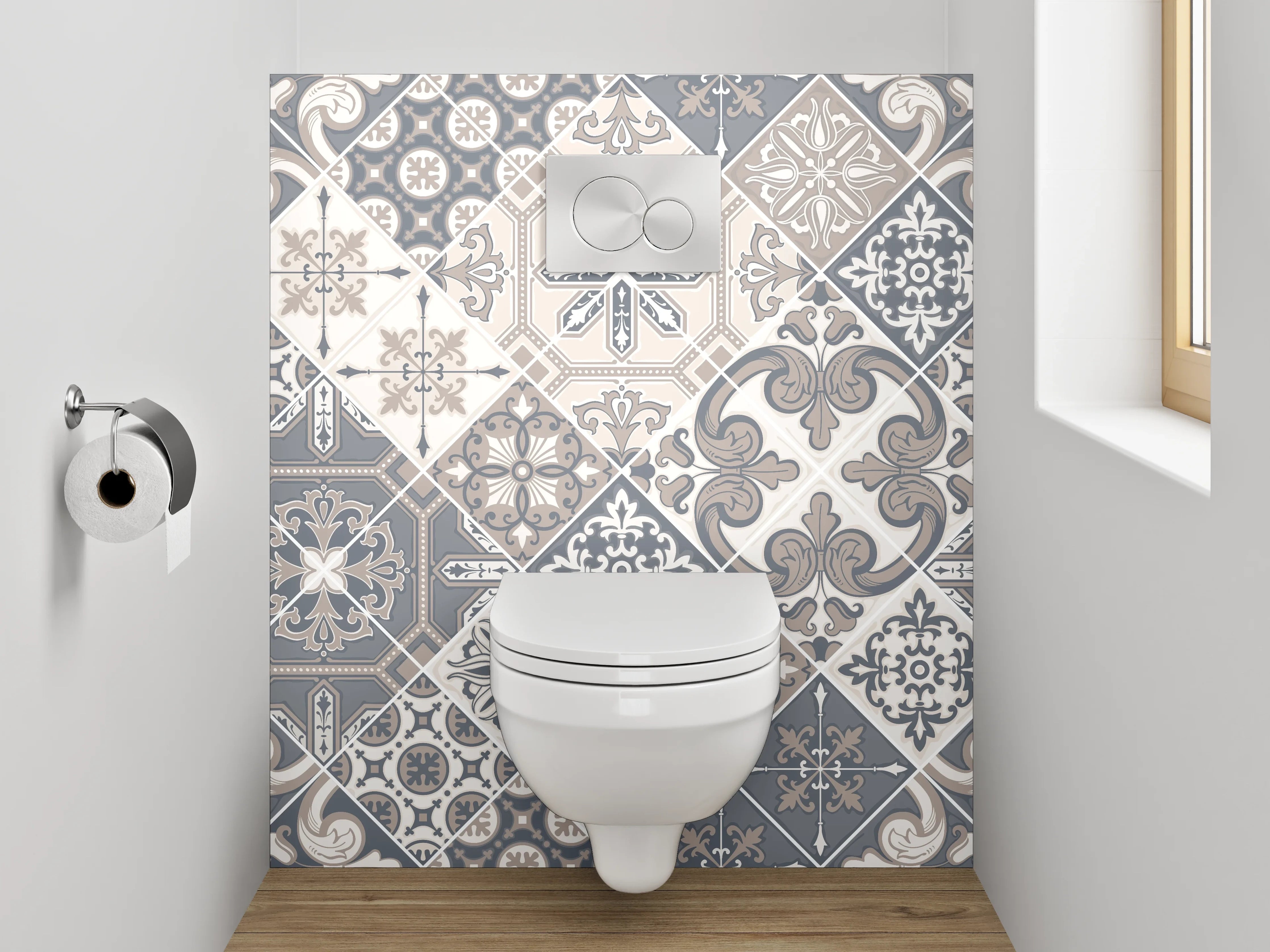 WC-Rückwand - Retro Fliesen Grau-Weiß Musterdesign