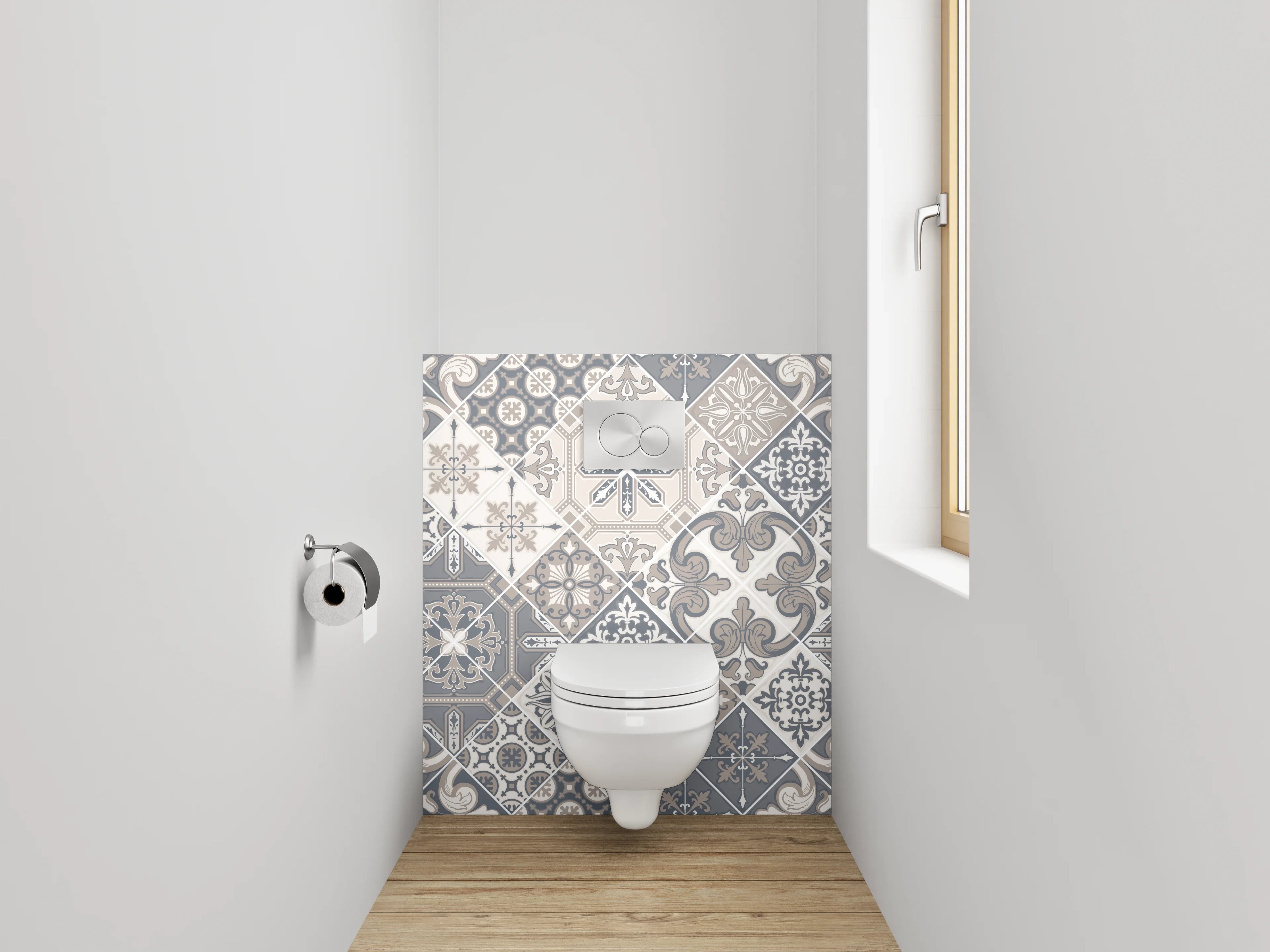 WC-Rückwand - Retro Fliesen Grau-Weiß Musterdesign