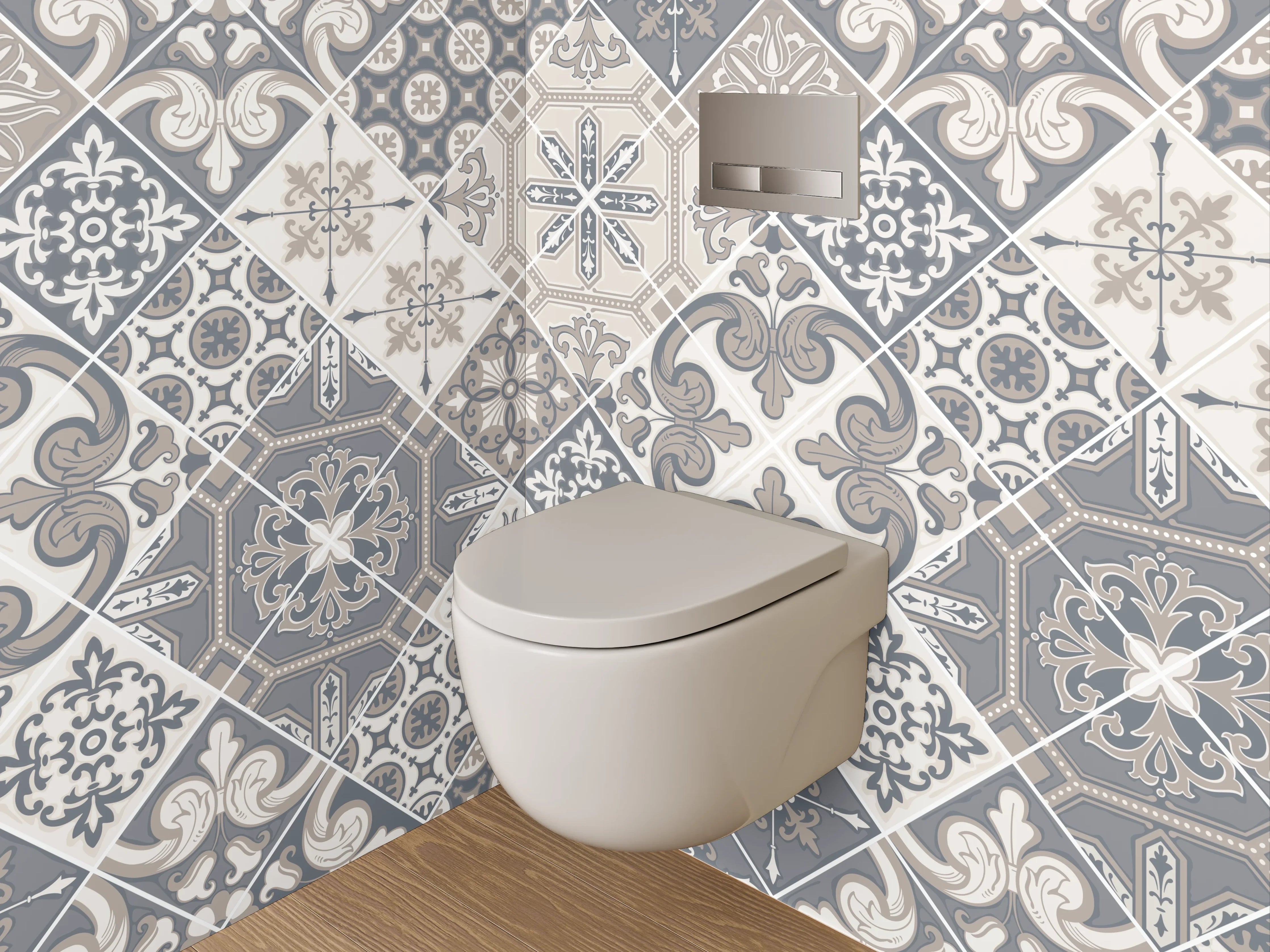 WC-Rückwand - Retro Fliesen Grau-Weiß Musterdesign