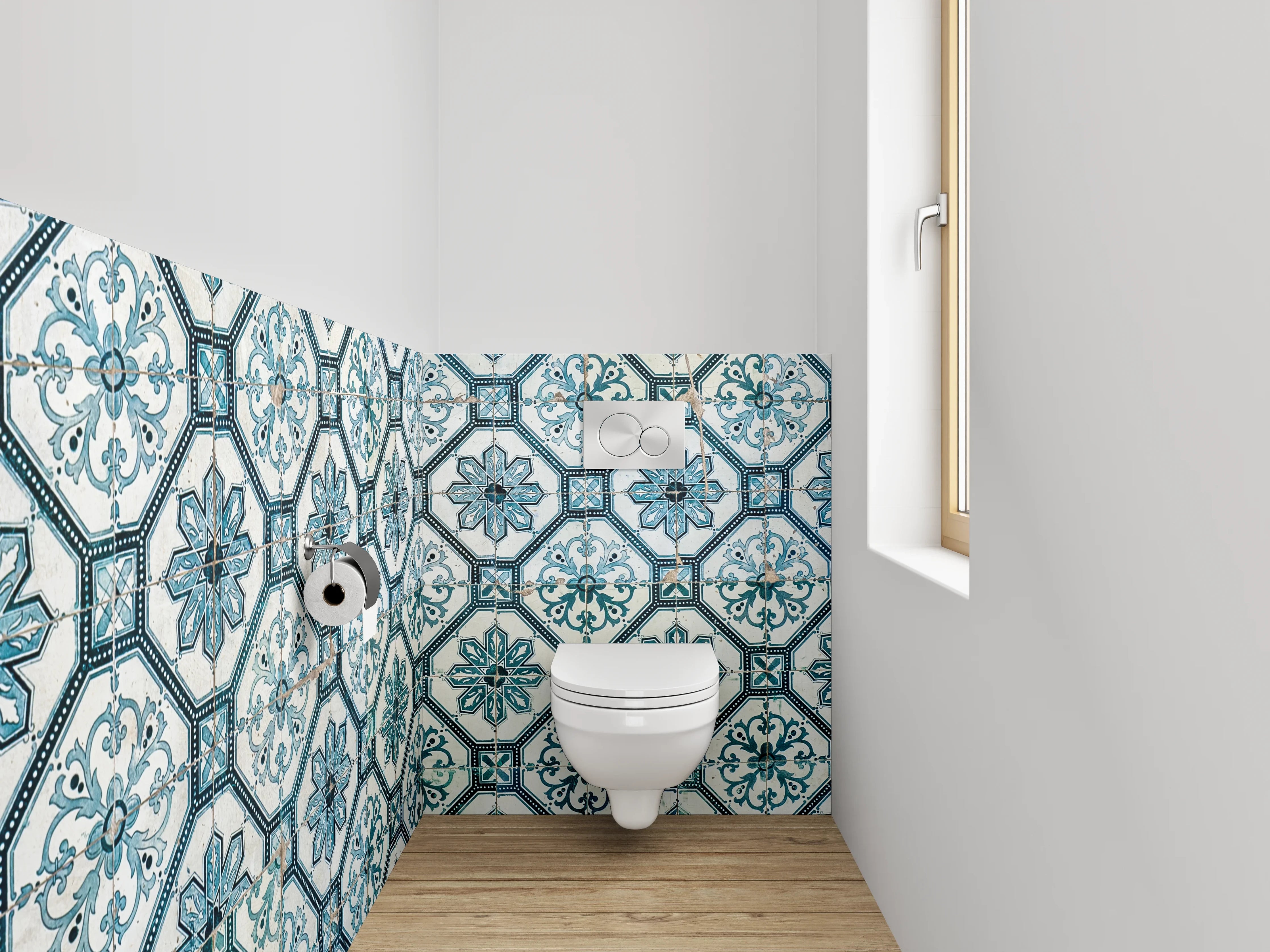 WC-Rückwand - Retro Fliesendesign Blau Grauweiß