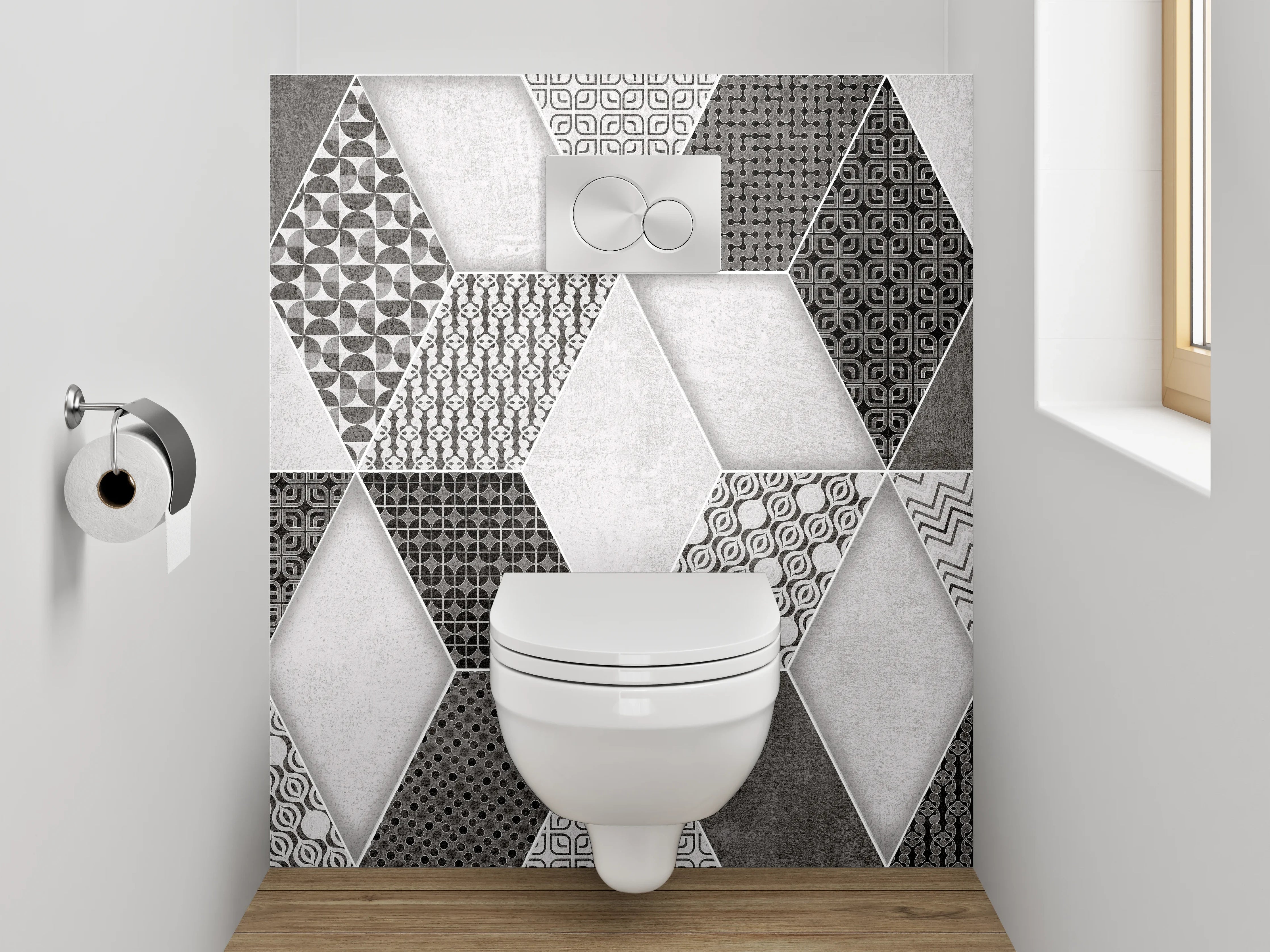 WC-Rückwand - Retro Fliesendesign Grau-Schwarz-Weiß