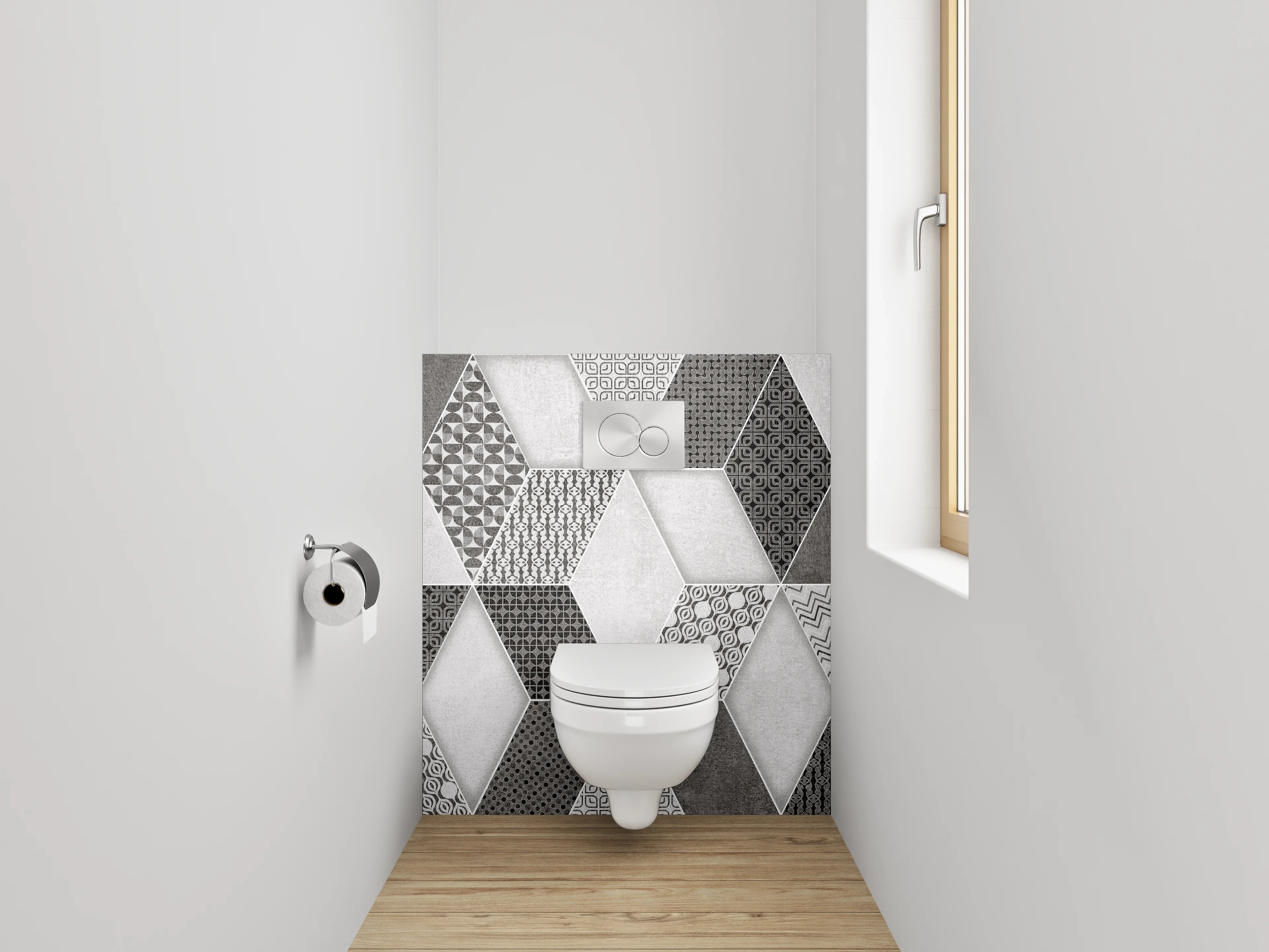WC-Rückwand - Retro Fliesendesign Grau-Schwarz-Weiß