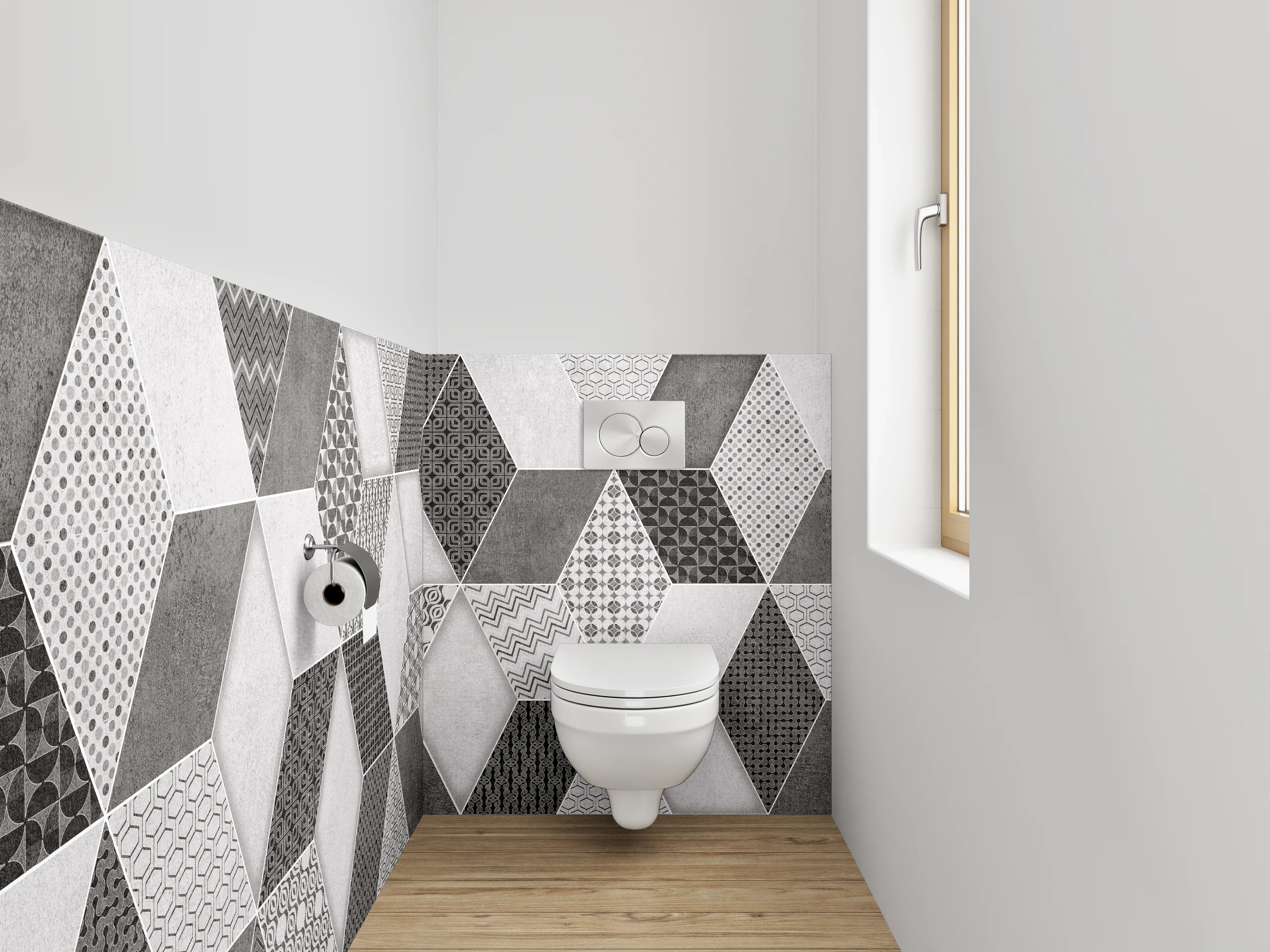 WC-Rückwand - Retro Fliesendesign Grau-Schwarz-Weiß