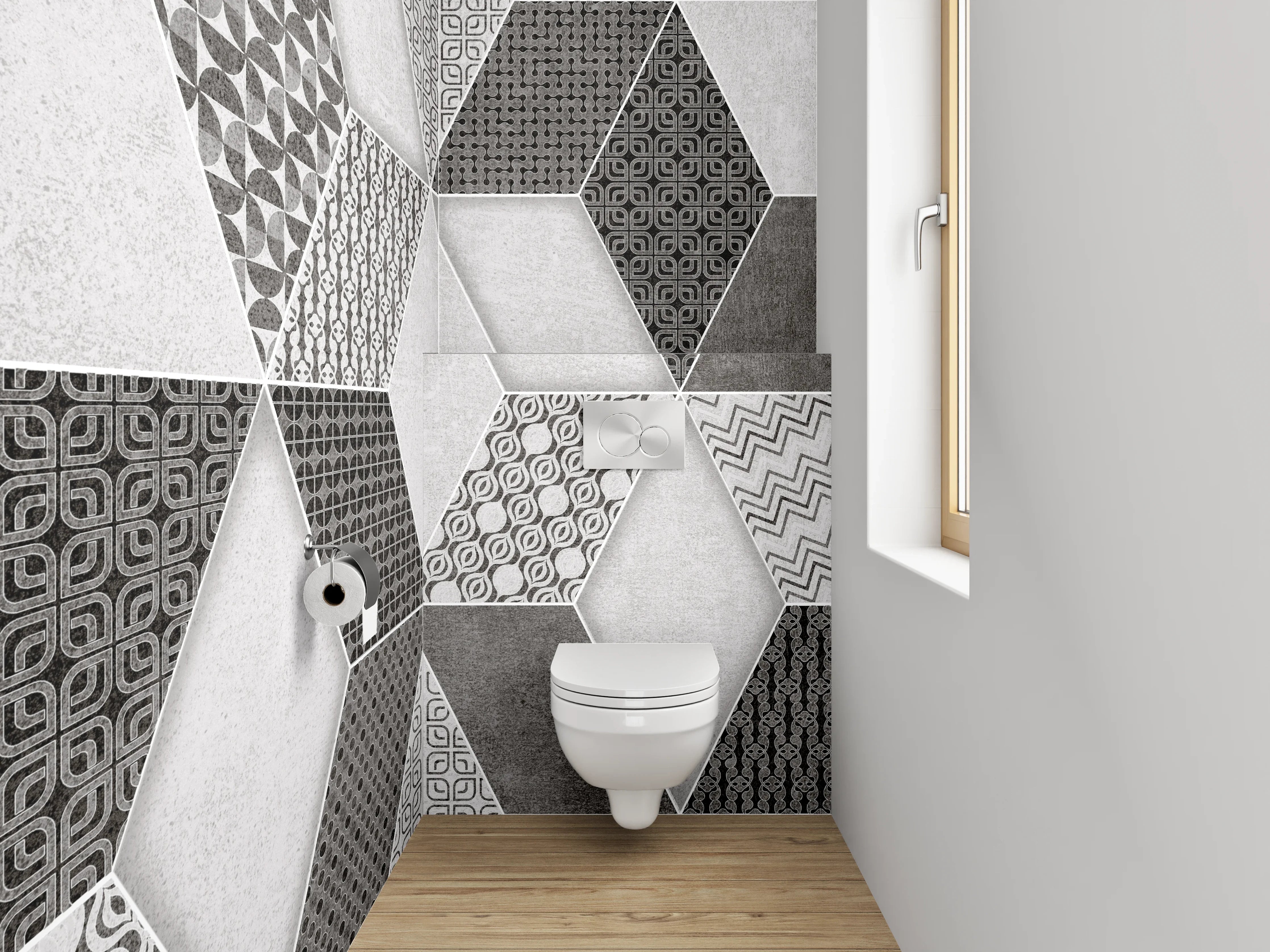 WC-Rückwand - Retro Fliesendesign Grau-Schwarz-Weiß