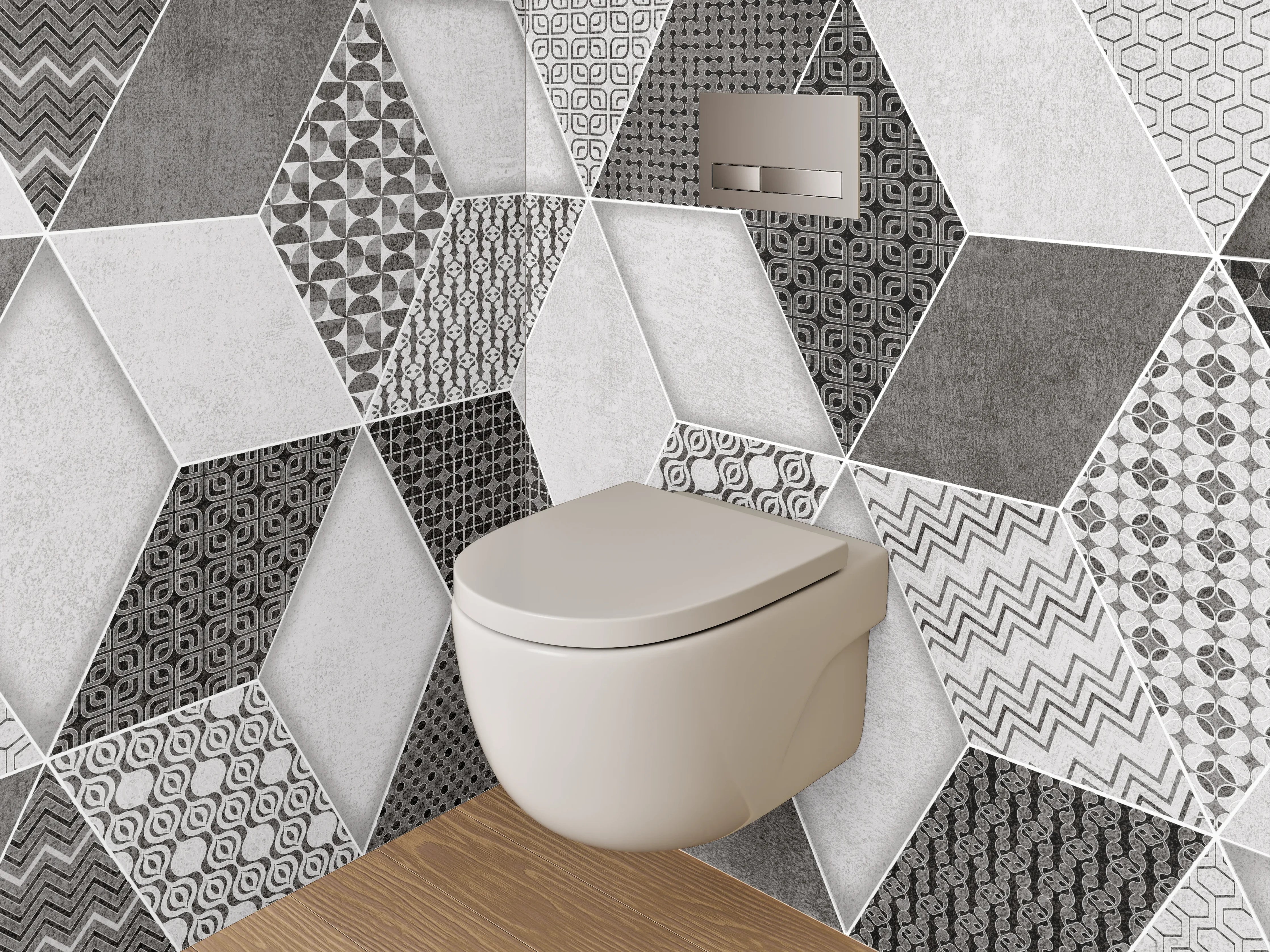 WC-Rückwand - Retro Fliesendesign Grau-Schwarz-Weiß
