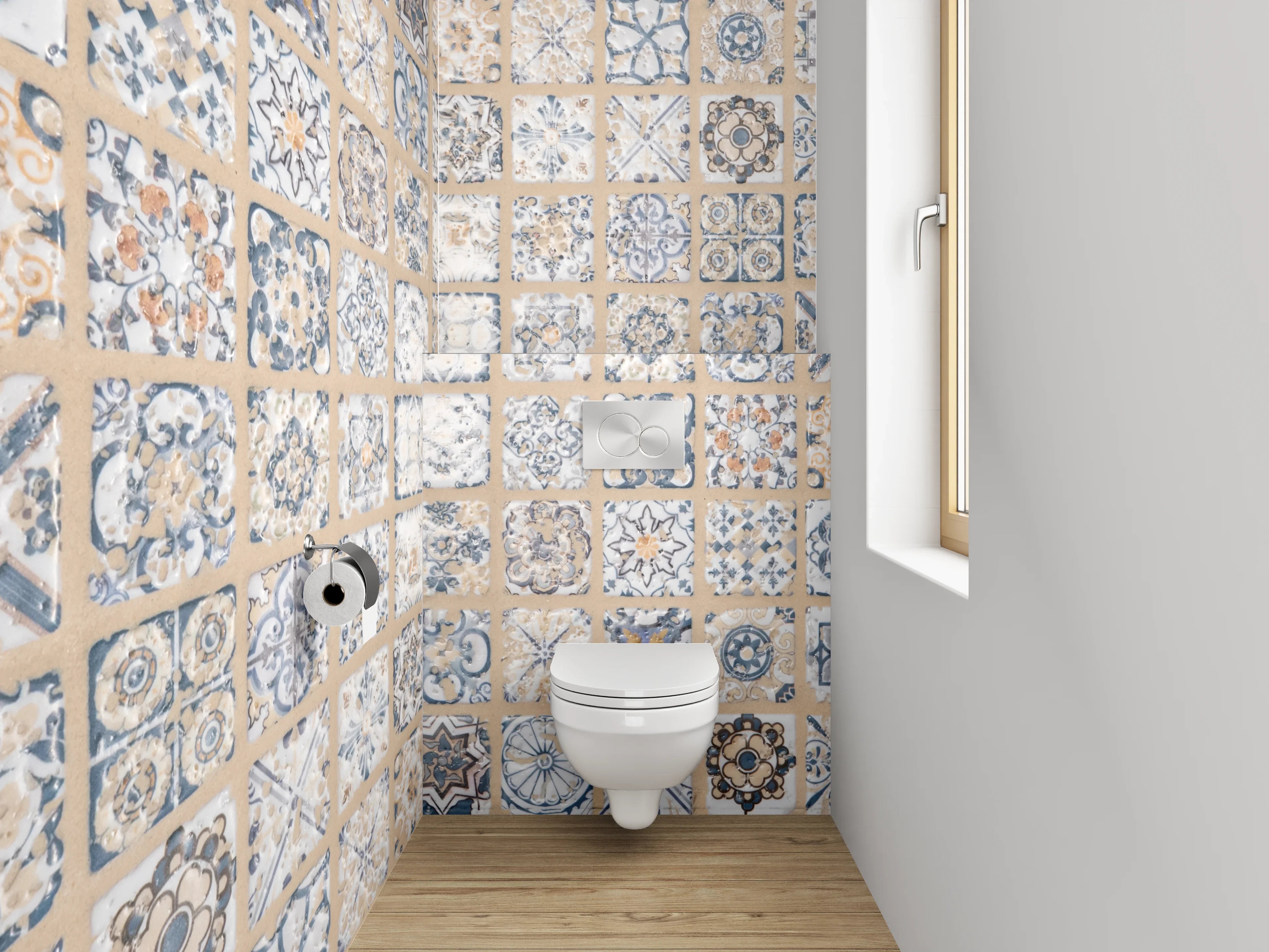 WC-Rückwand - Retro Fliesendesign blau-beige grauweiß