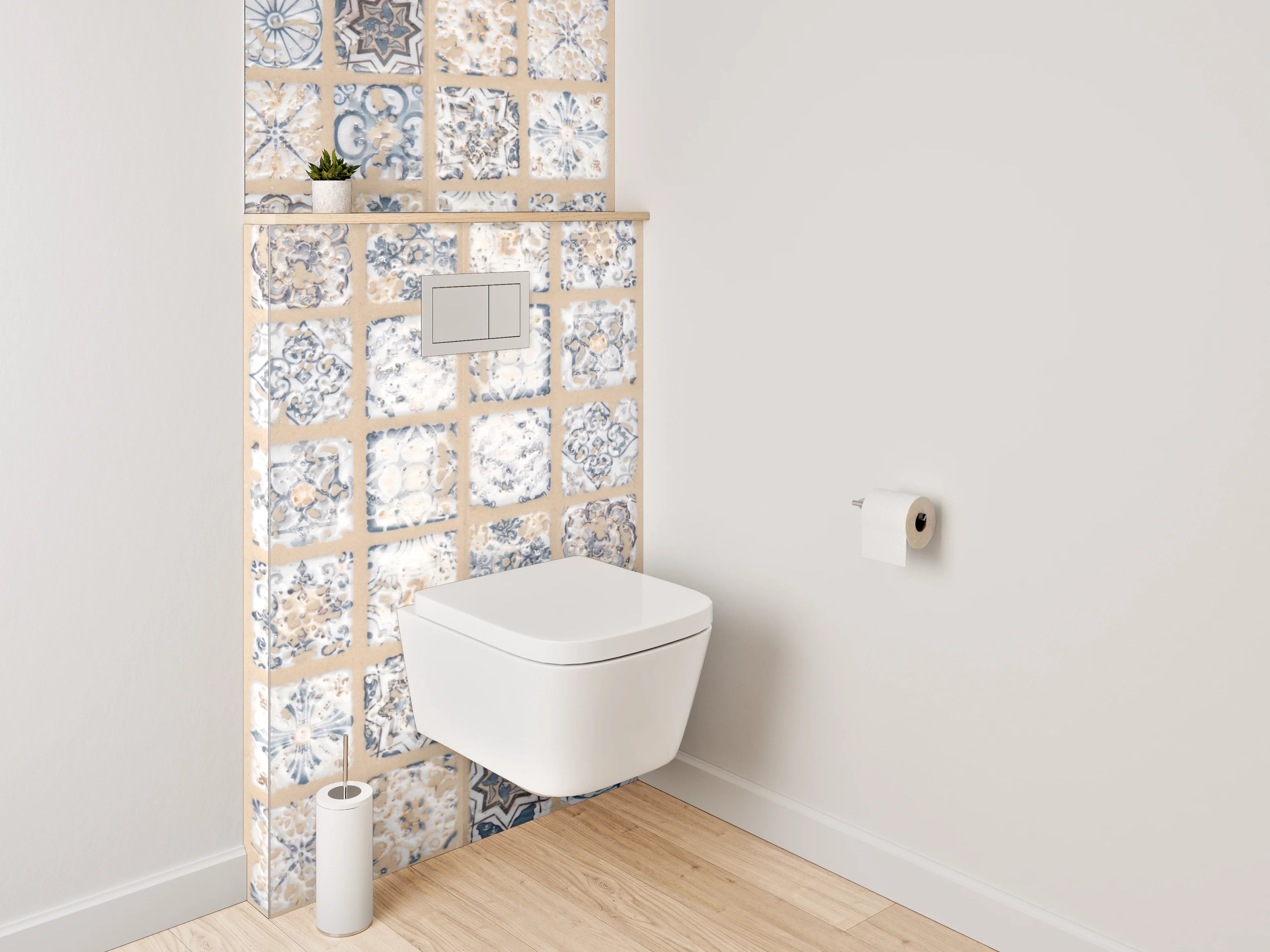 WC-Rückwand - Retro Fliesendesign blau-beige grauweiß