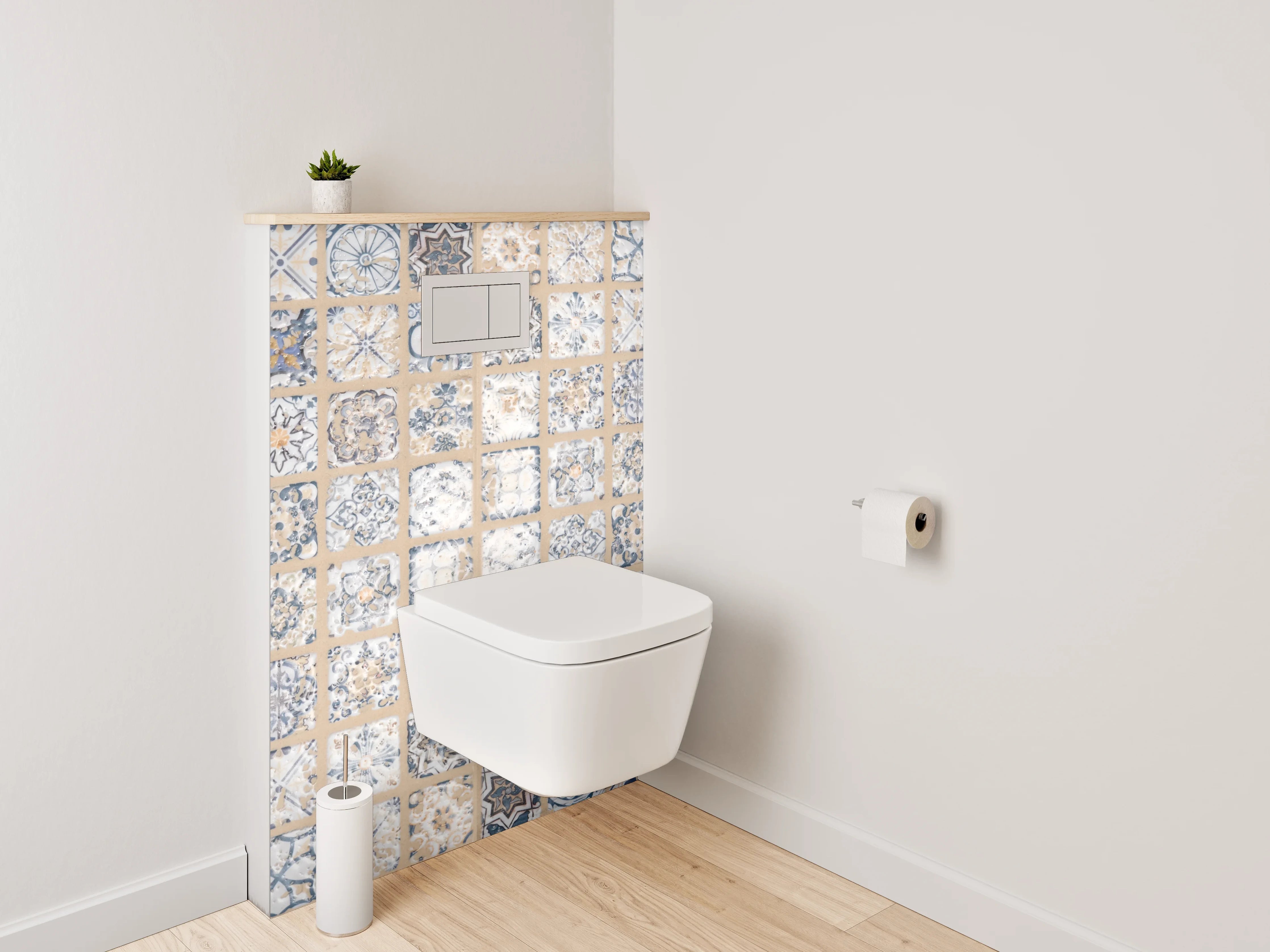 WC-Rückwand - Retro Fliesendesign blau-beige grauweiß
