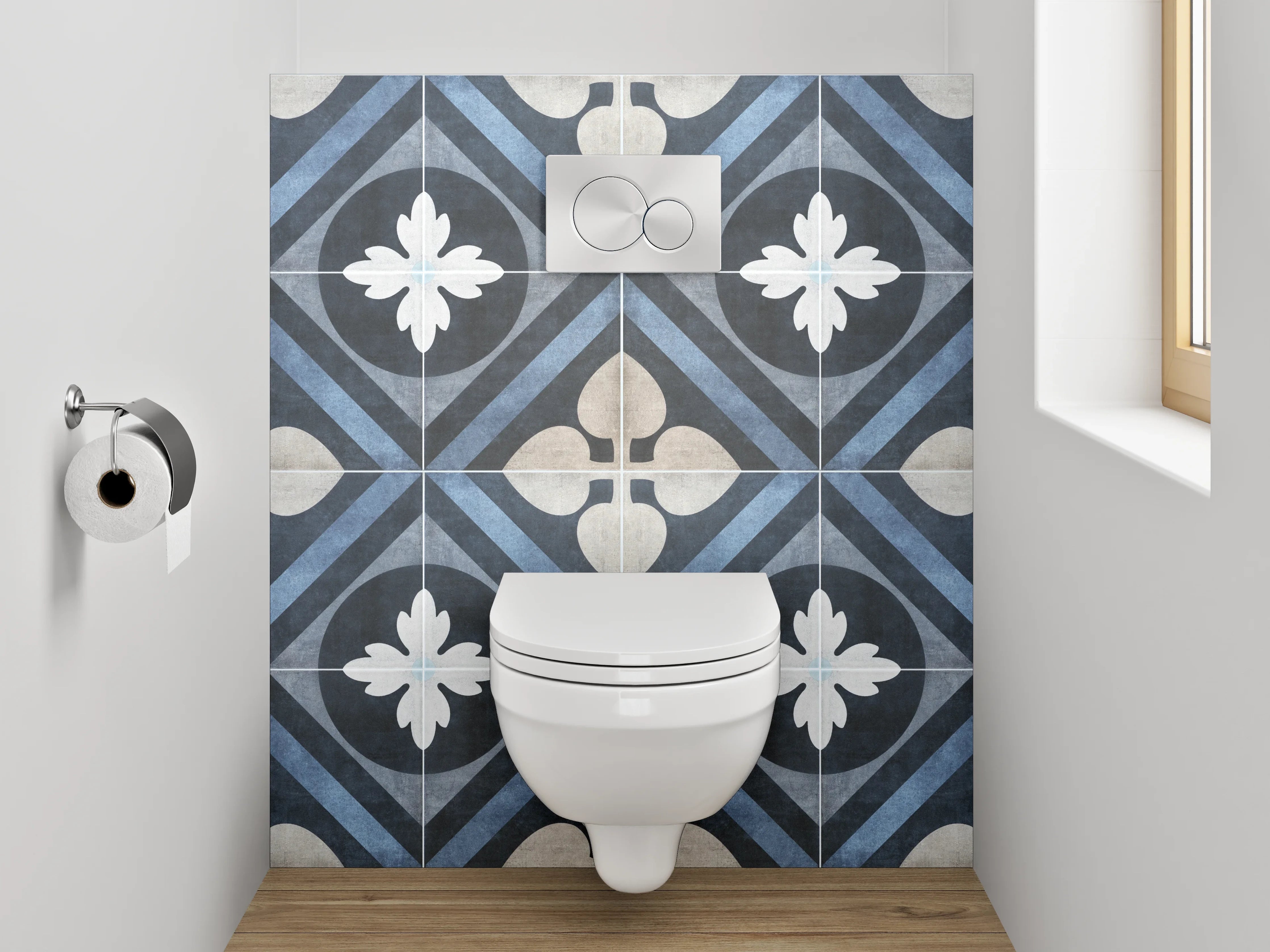 WC-Rückwand - Retro Fliesenmuster Blau-Grau