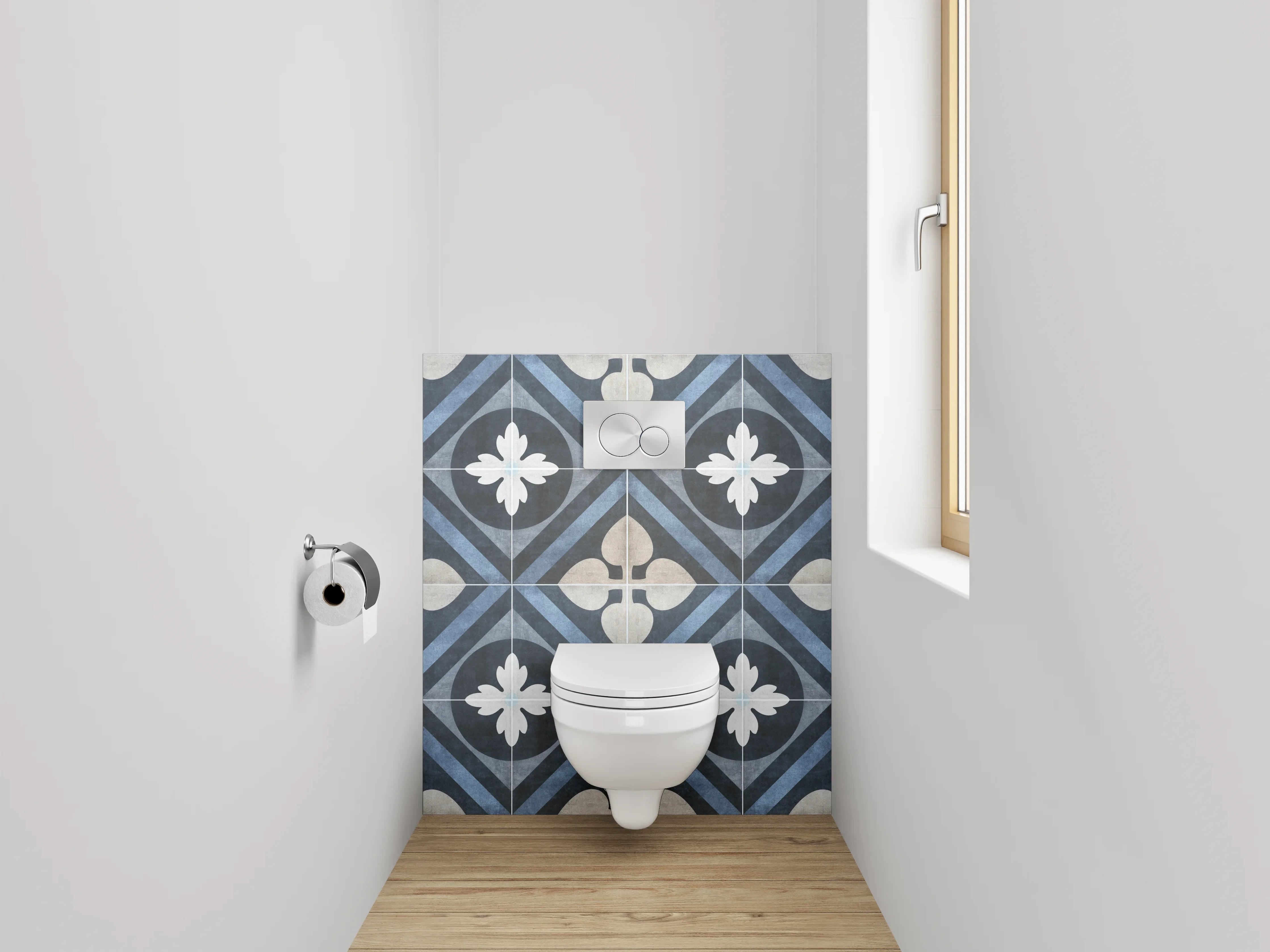 WC-Rückwand - Retro Fliesenmuster Blau-Grau