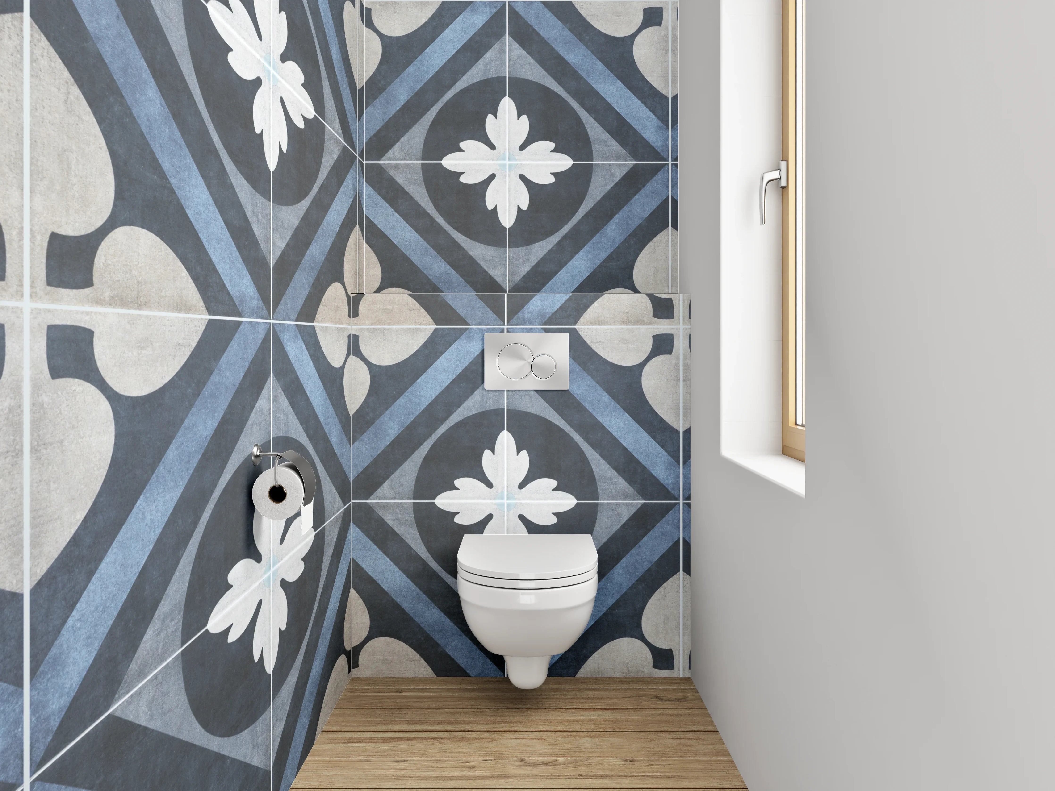 WC-Rückwand - Retro Fliesenmuster Blau-Grau