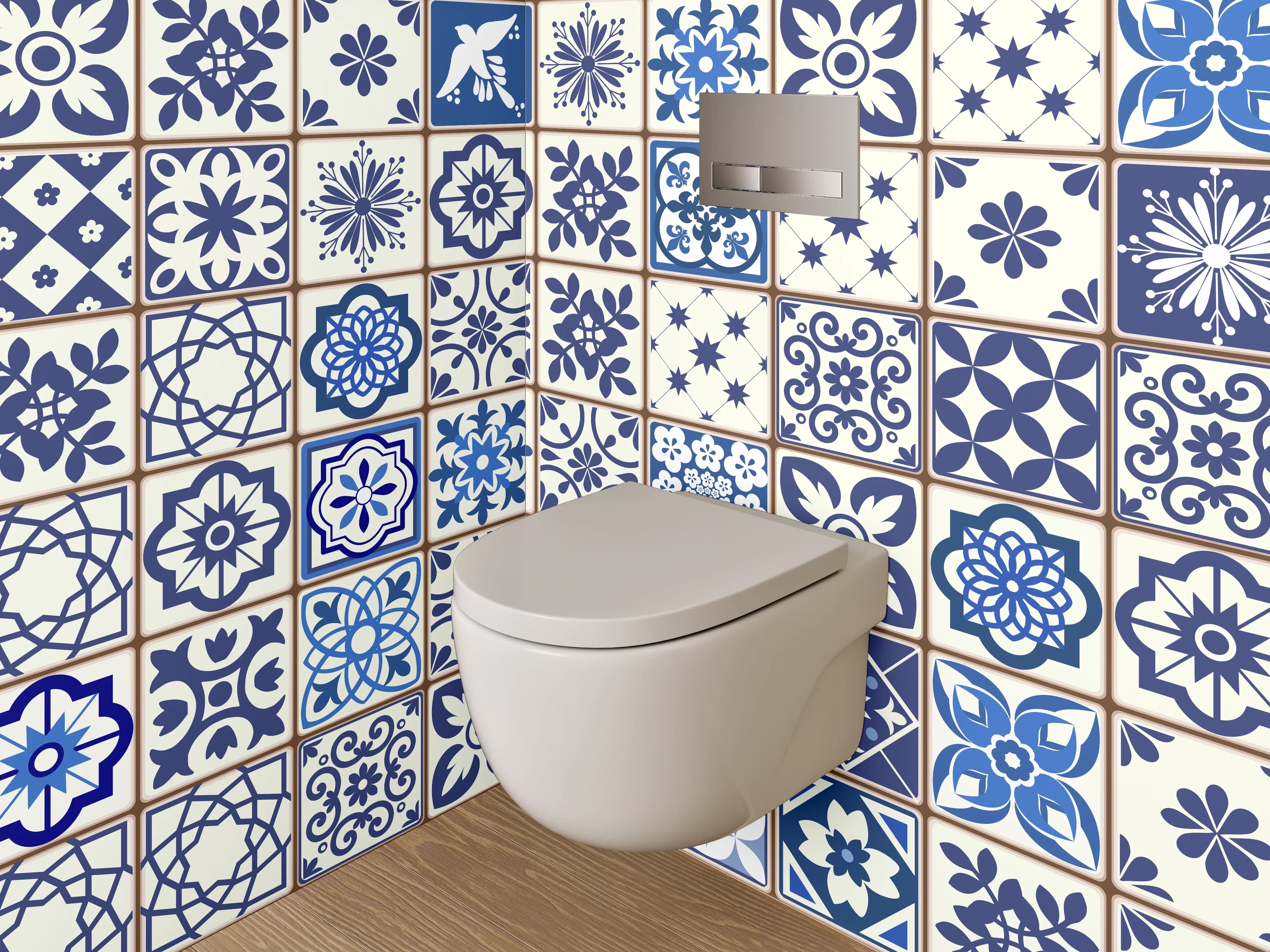 WC-Rückwand - Retro Fliesenmuster Blau Grau Weiß