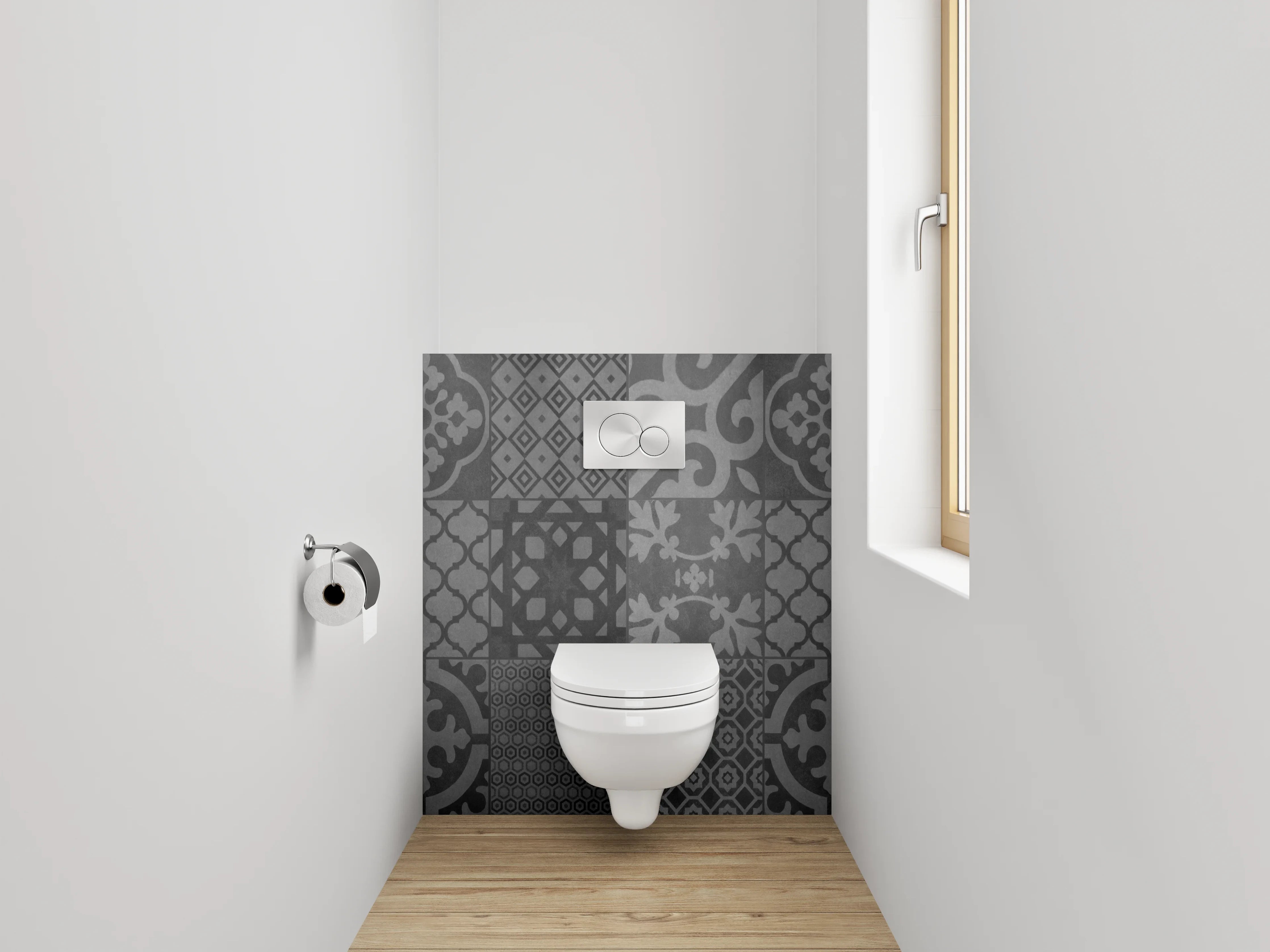 WC-Rückwand - Retro Fliesenmuster Grau Schwarz Weiß