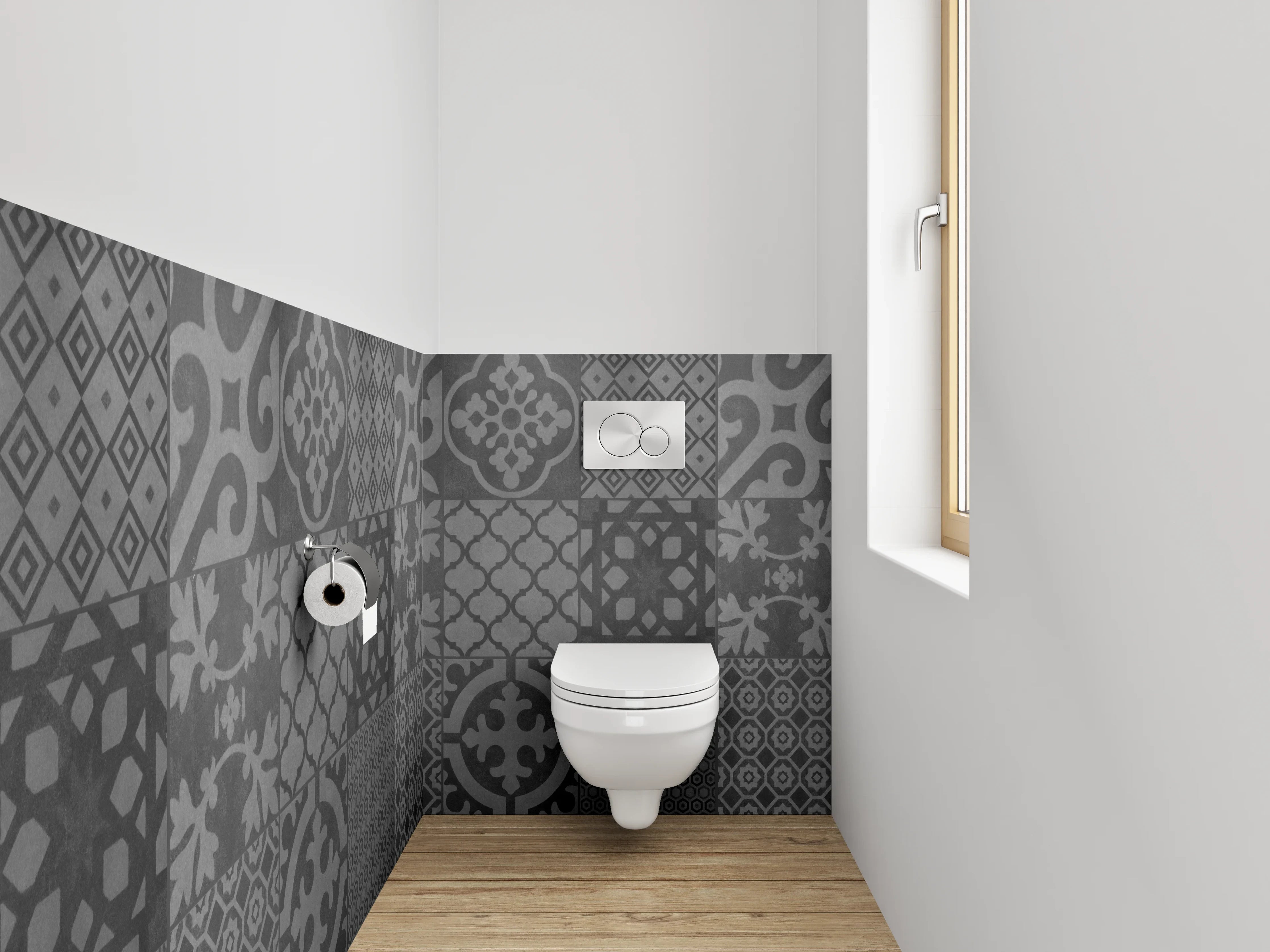 WC-Rückwand - Retro Fliesenmuster Grau Schwarz Weiß