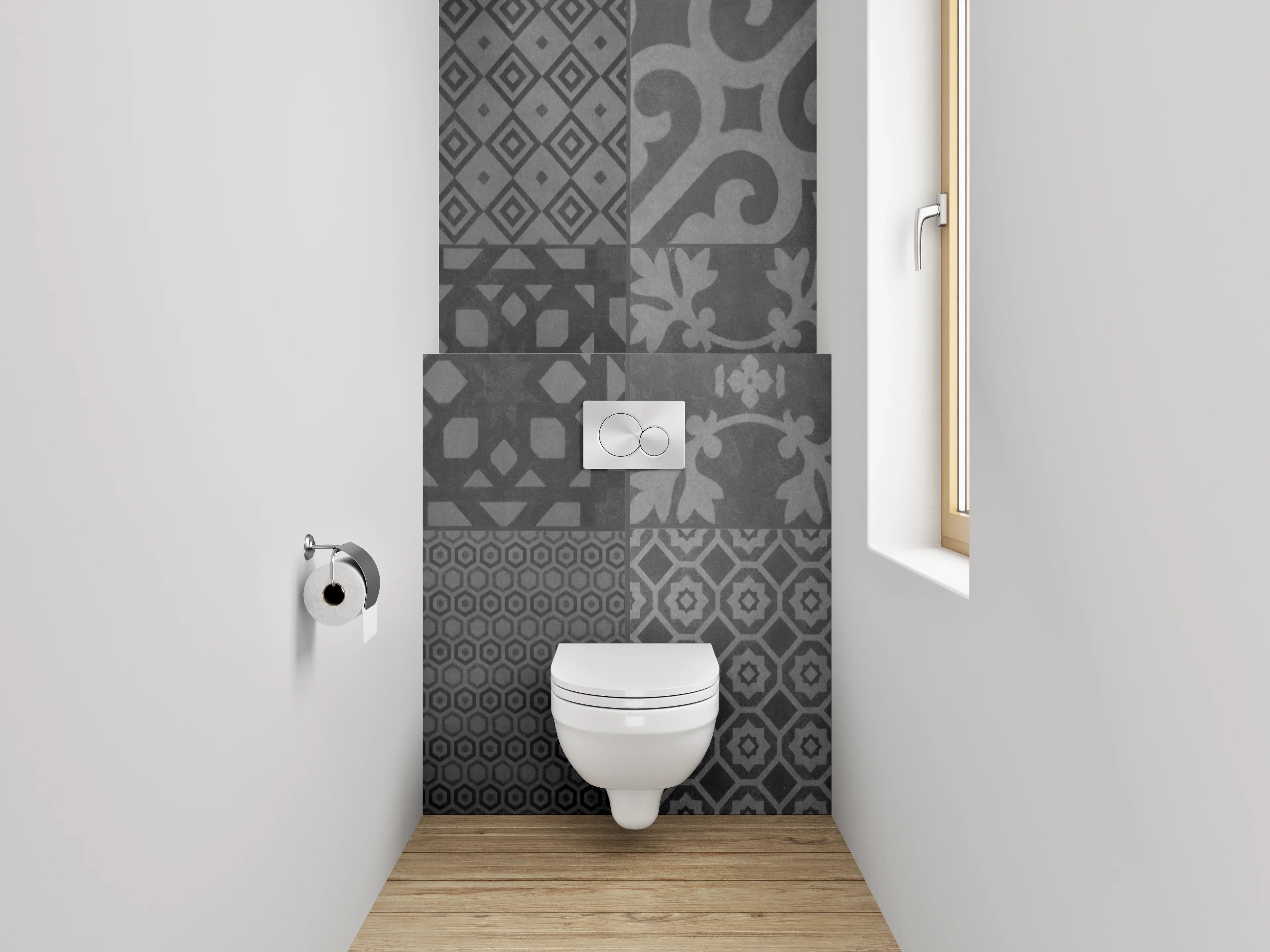 WC-Rückwand - Retro Fliesenmuster Grau Schwarz Weiß