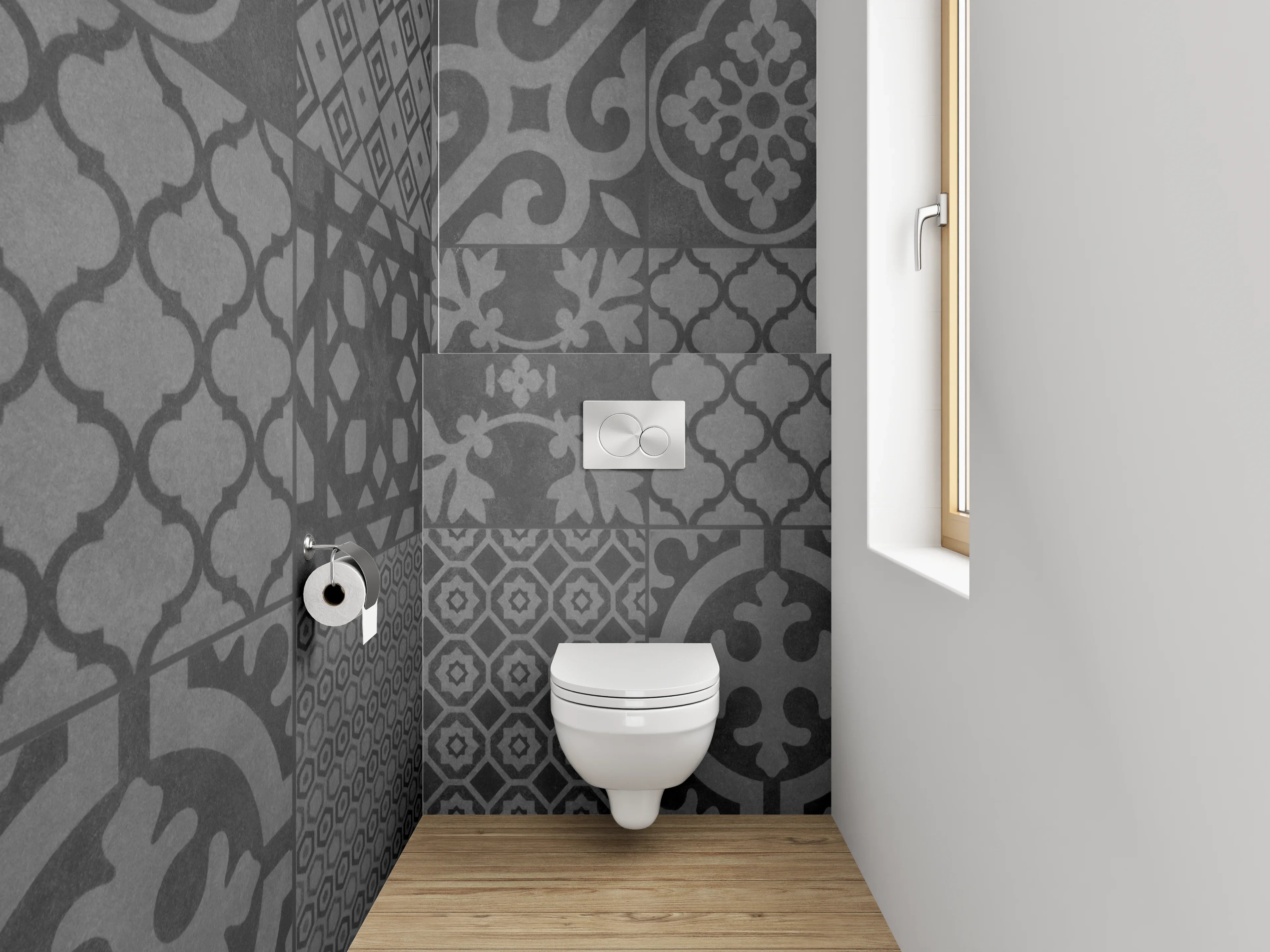 WC-Rückwand - Retro Fliesenmuster Grau Schwarz Weiß