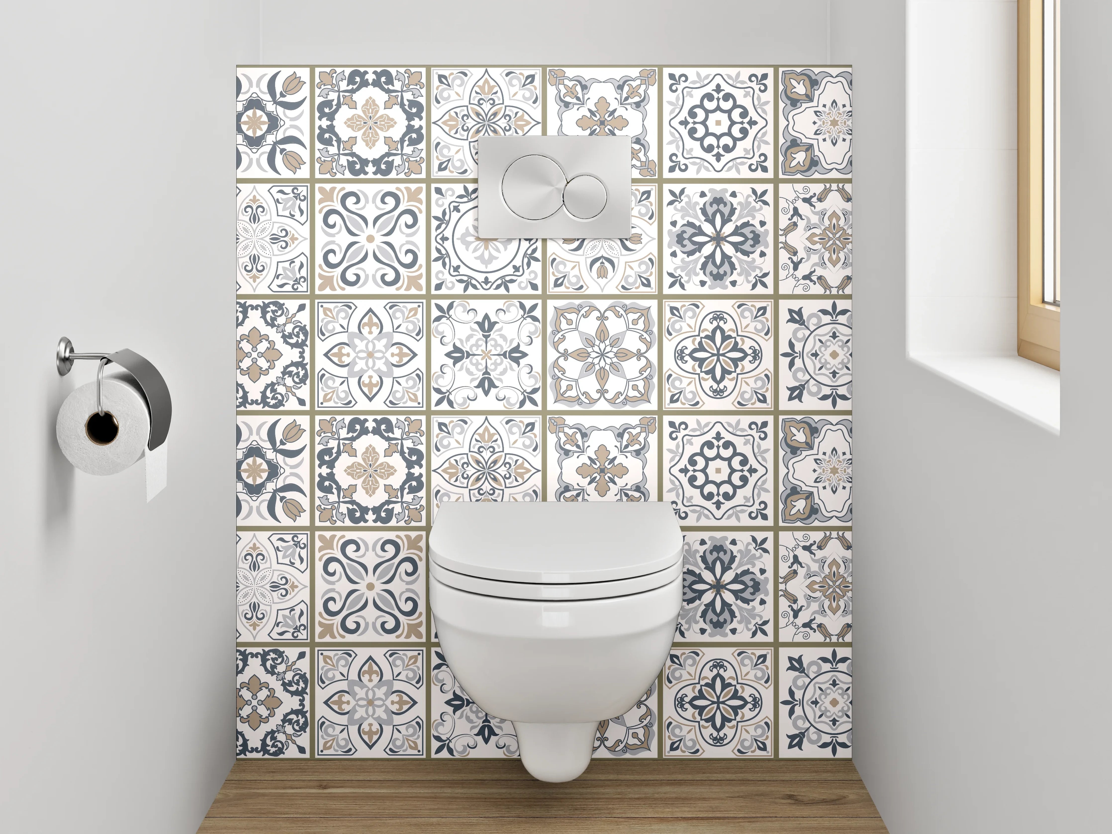 WC-Rückwand - Retro Fliesenmuster Weiß Grau Beige