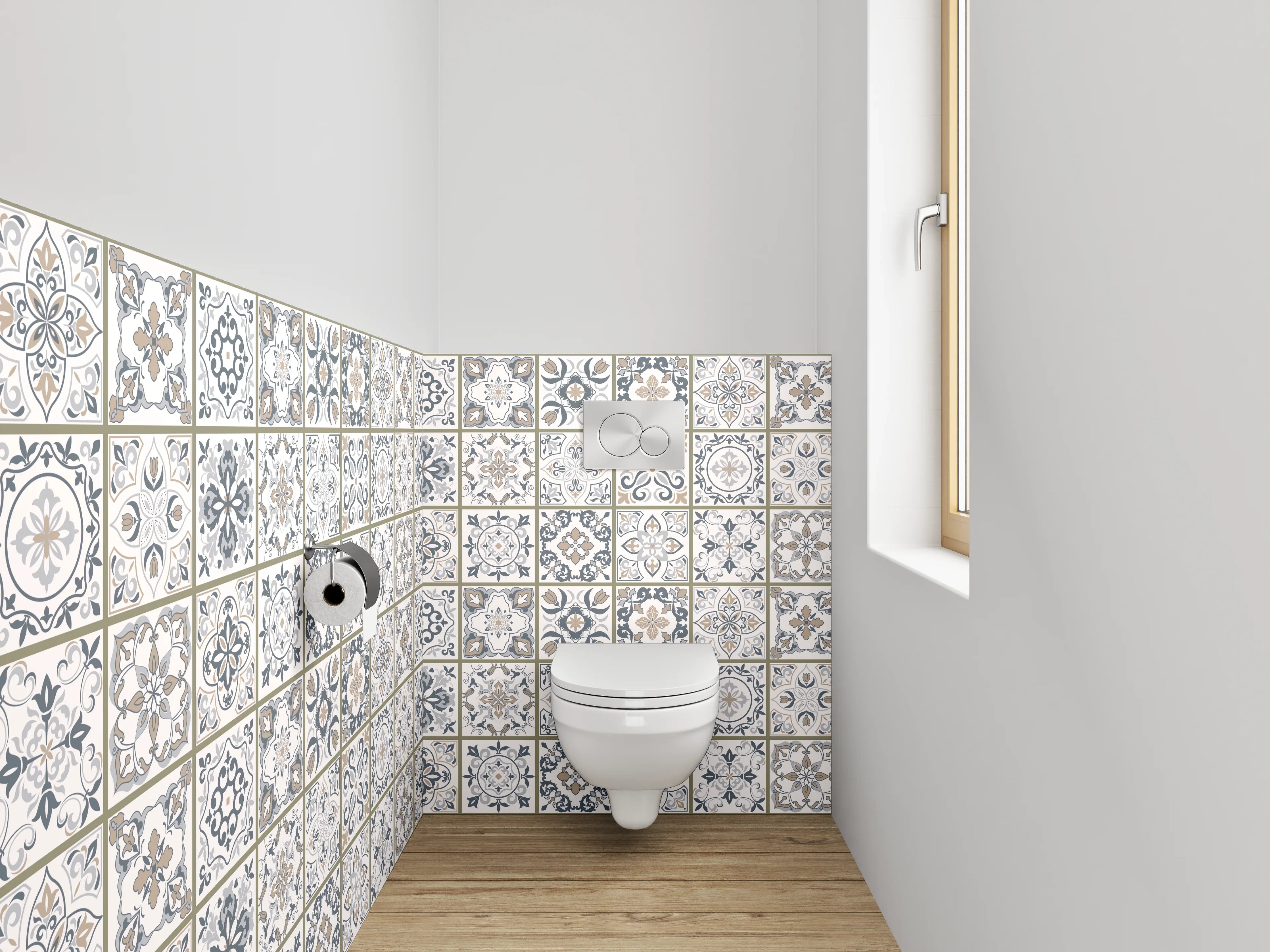 WC-Rückwand - Retro Fliesenmuster Weiß Grau Beige