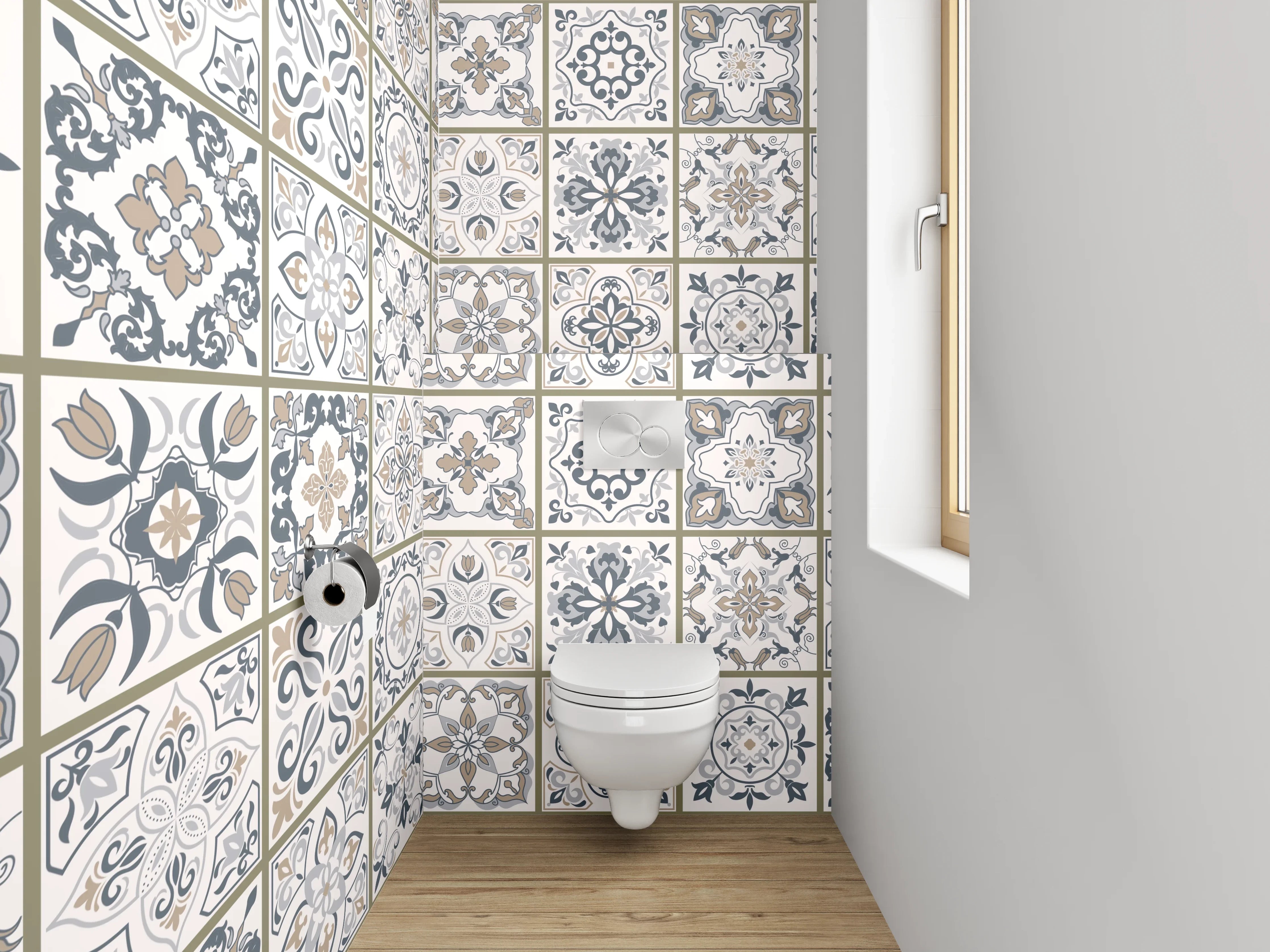 WC-Rückwand - Retro Fliesenmuster Weiß Grau Beige