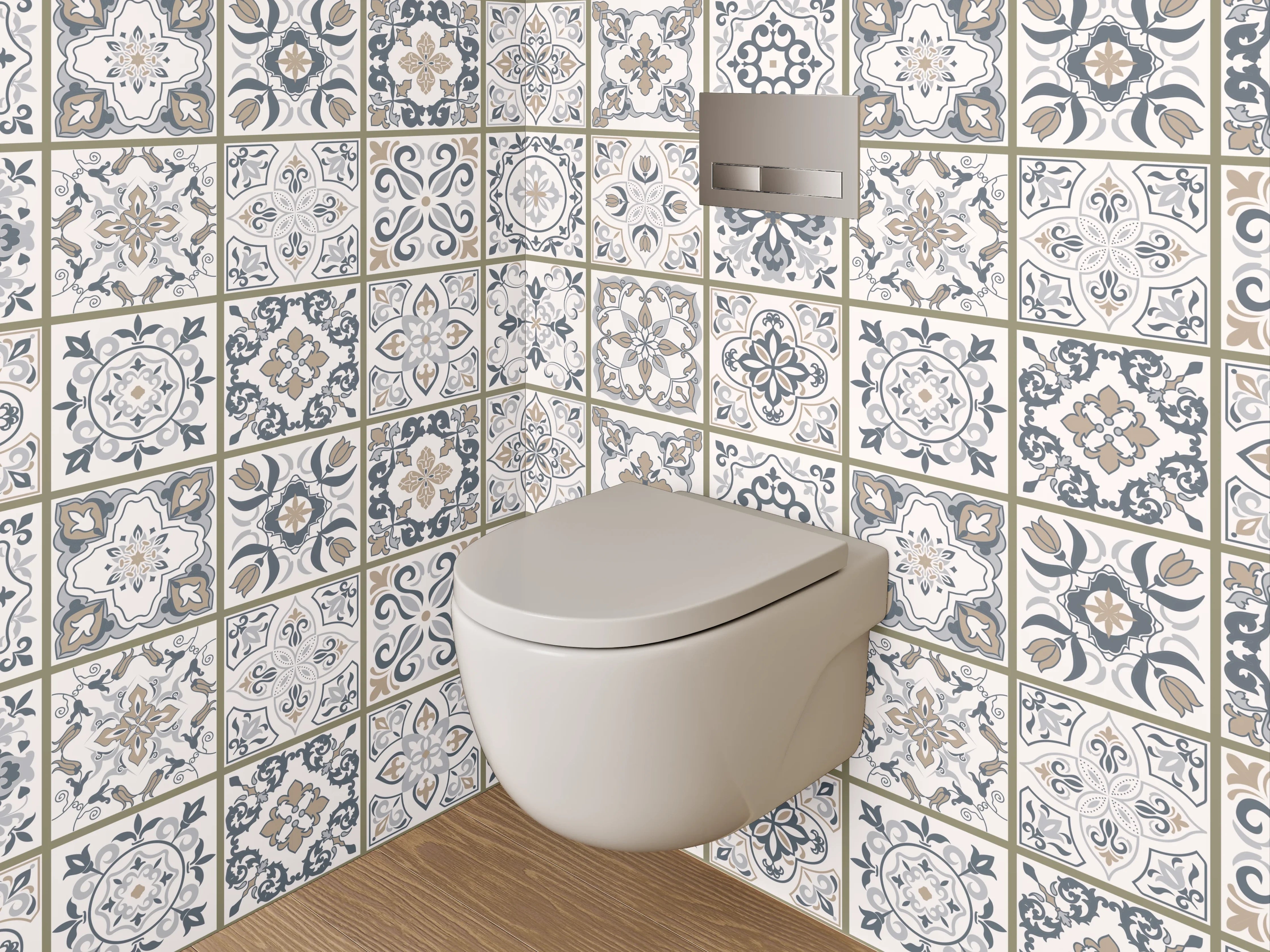 WC-Rückwand - Retro Fliesenmuster Weiß Grau Beige