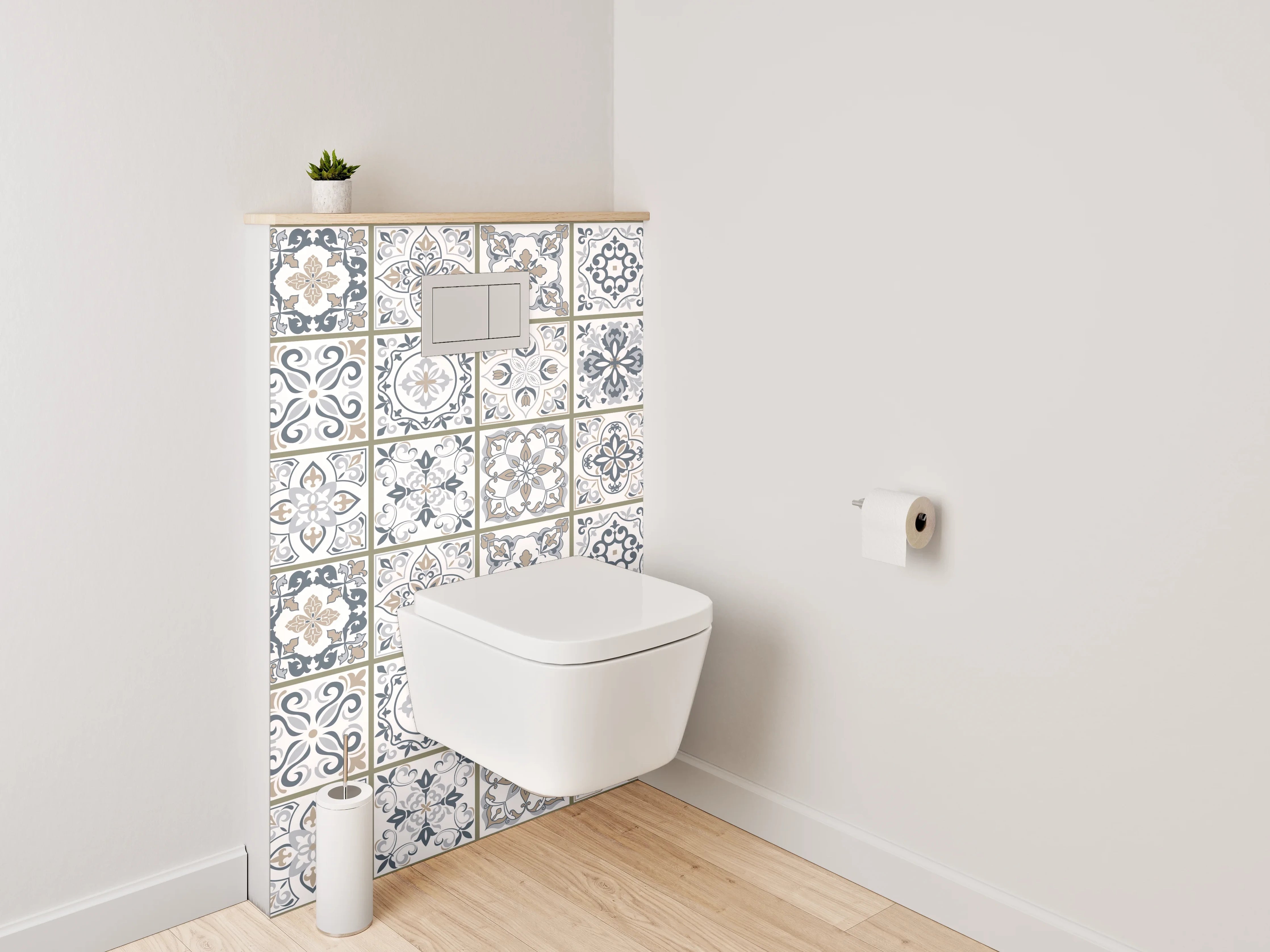 WC-Rückwand - Retro Fliesenmuster Weiß Grau Beige