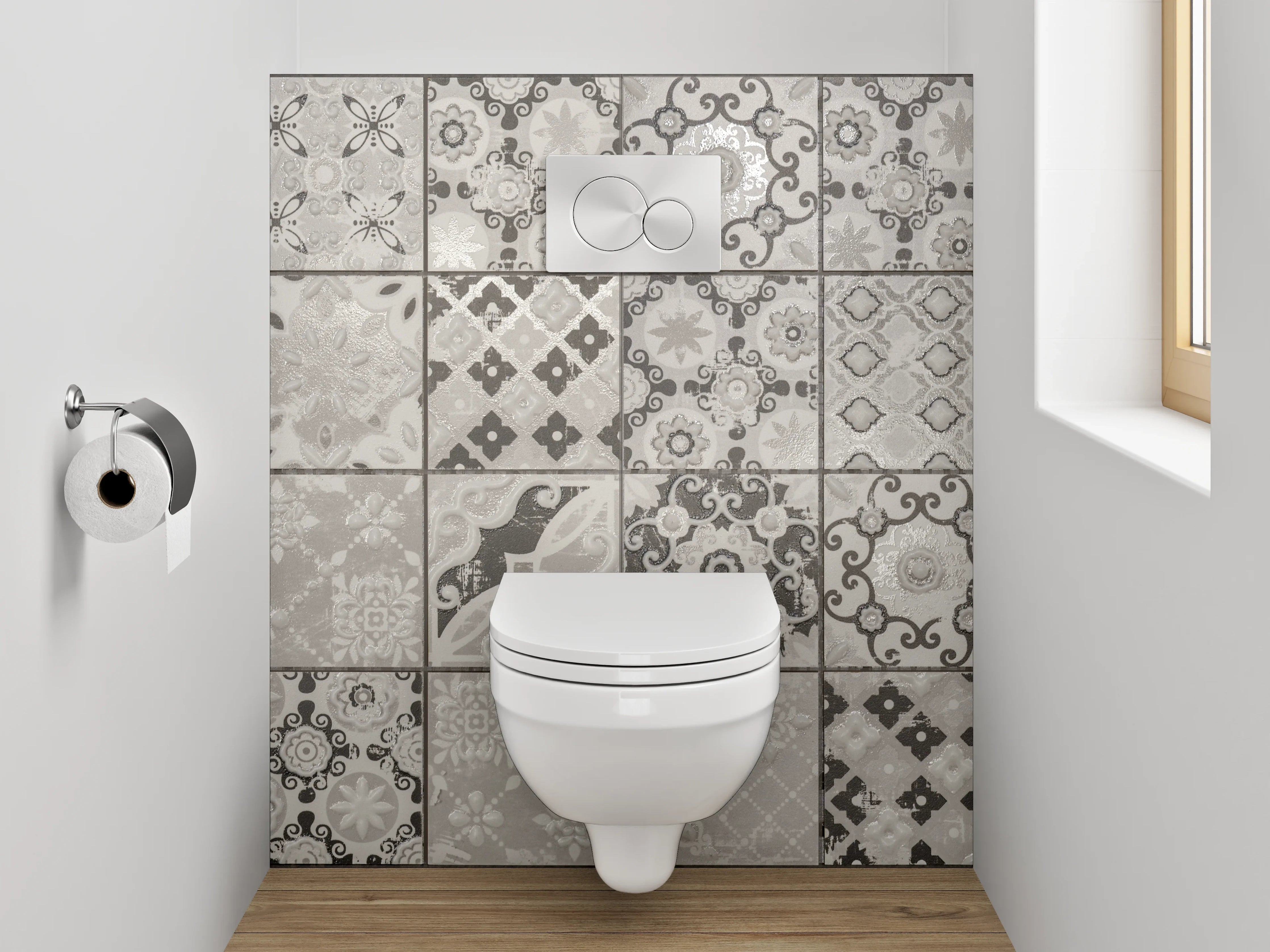 WC-Rückwand - Retro-Grauton Fliesenmuster auf Weiß