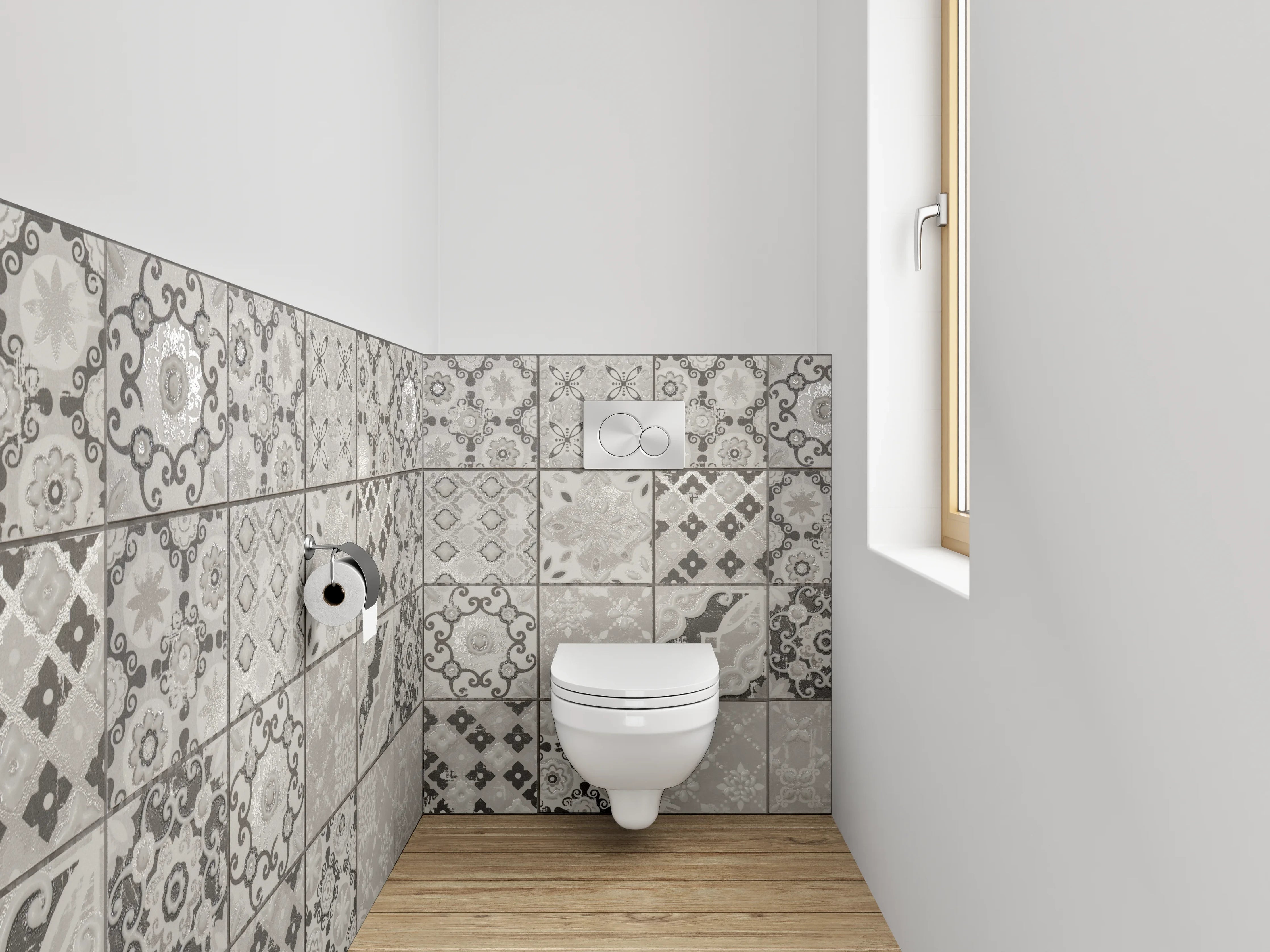 WC-Rückwand - Retro-Grauton Fliesenmuster auf Weiß