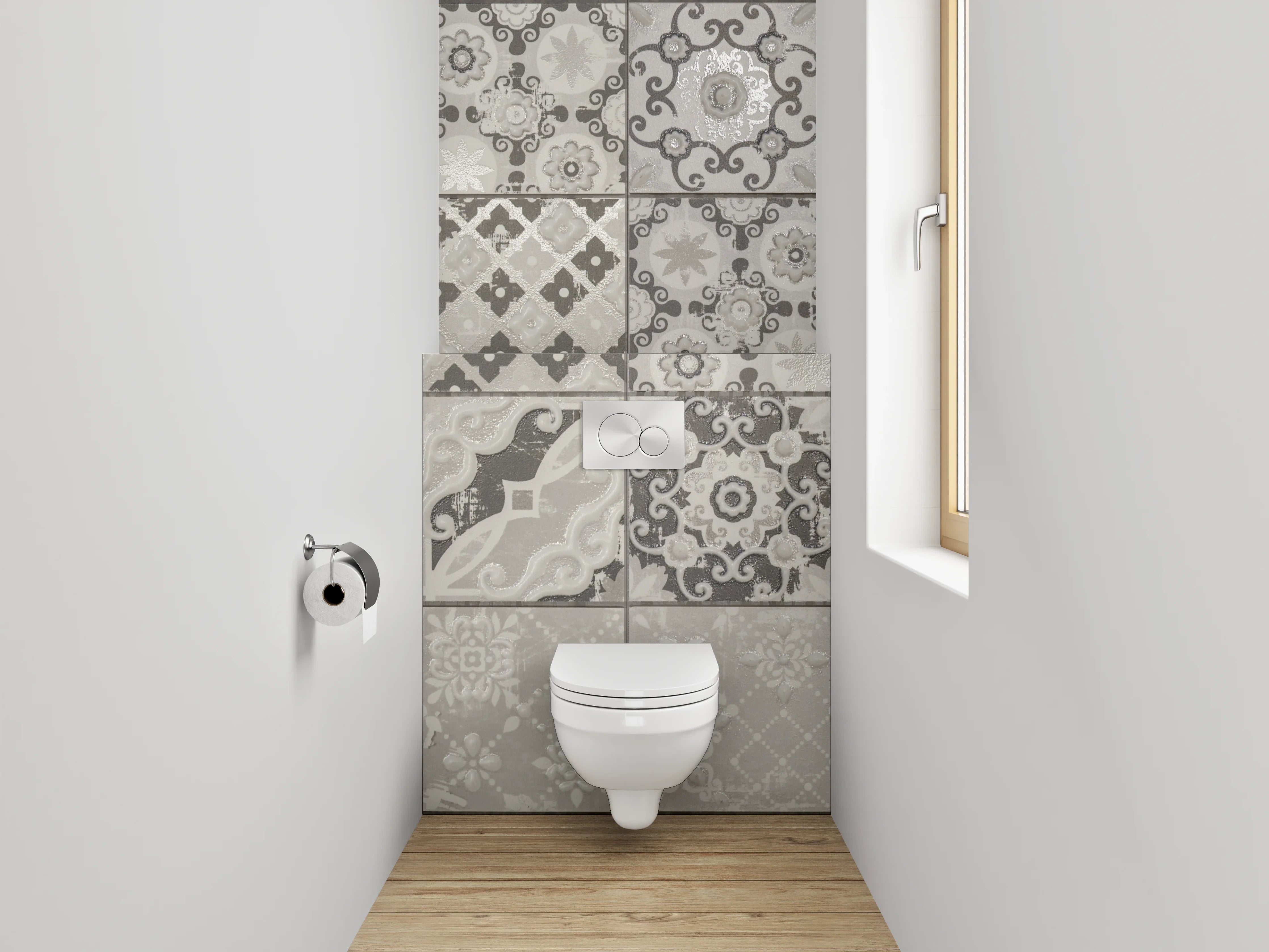 WC-Rückwand - Retro-Grauton Fliesenmuster auf Weiß