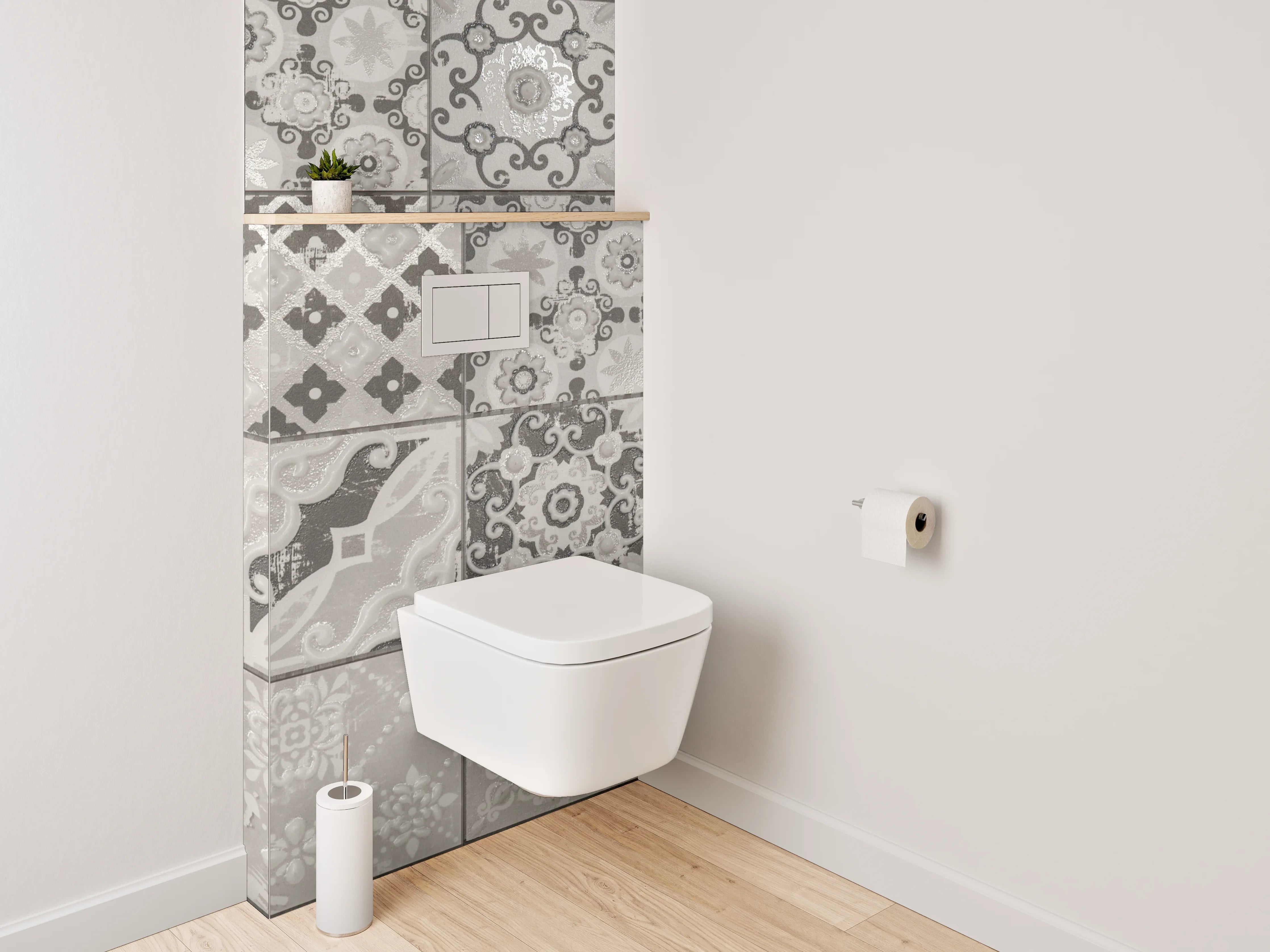 WC-Rückwand - Retro-Grauton Fliesenmuster auf Weiß