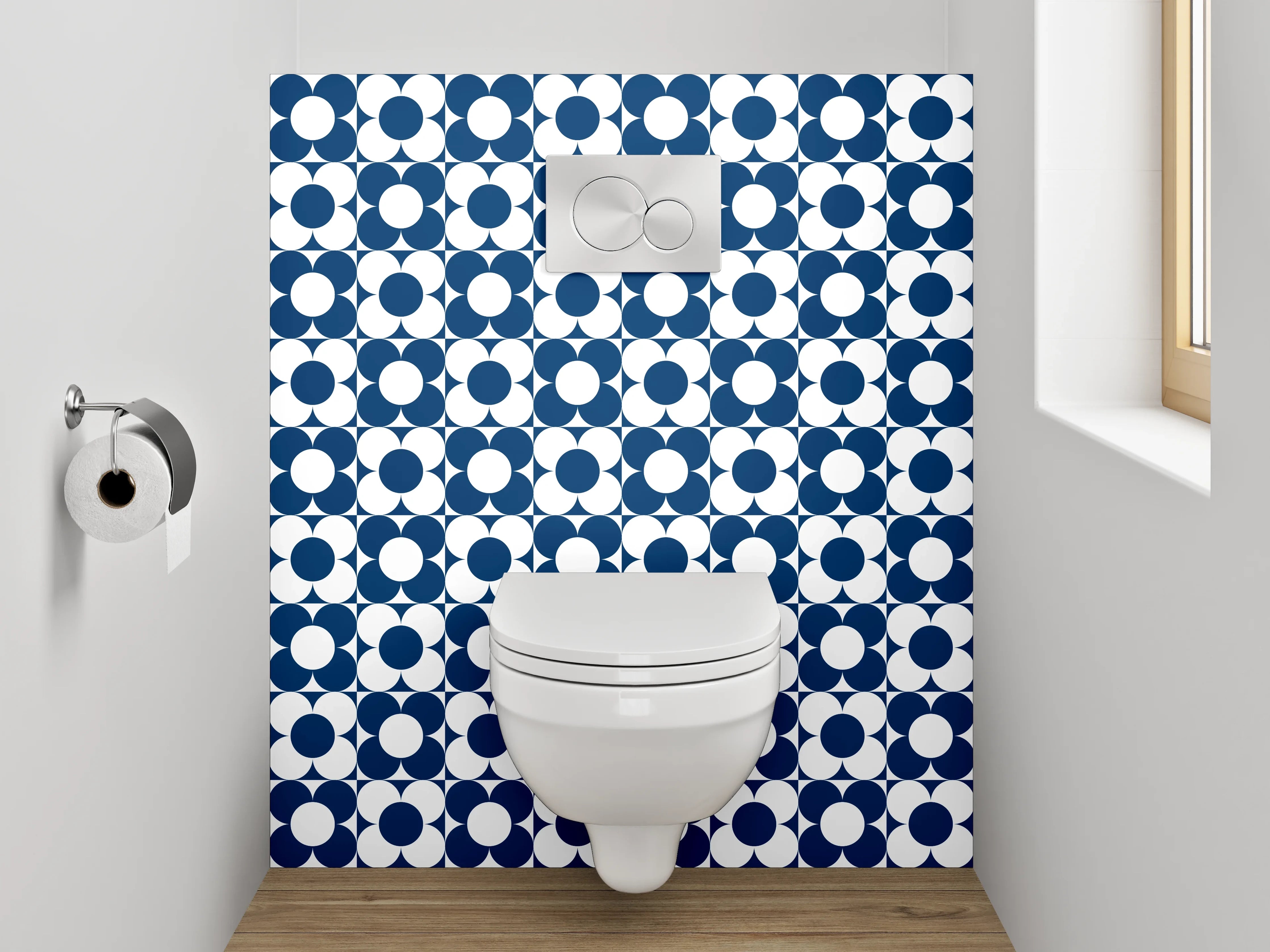 WC-Rückwand - Retro-Kachelmuster in Blau-Weiß