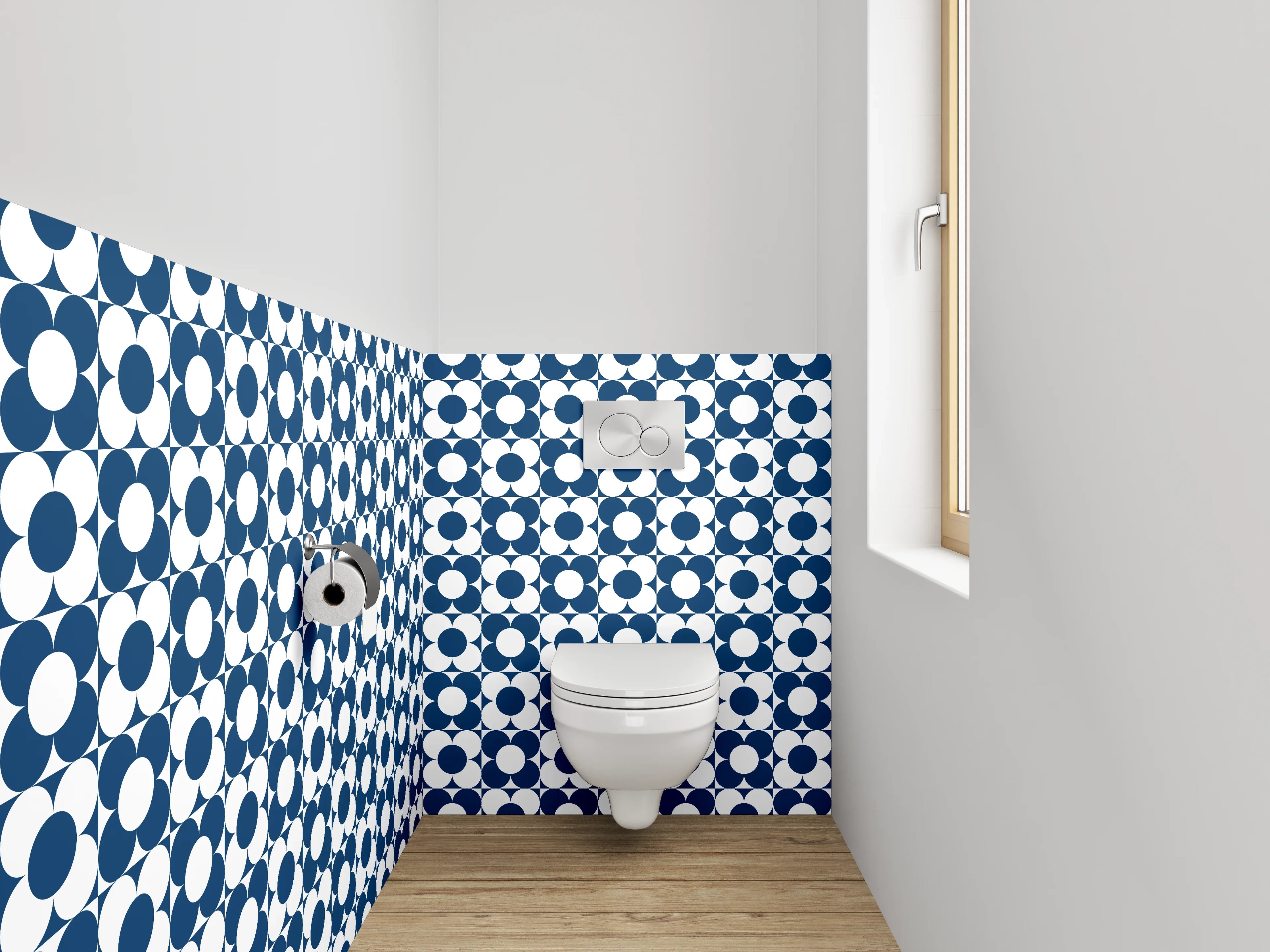 WC-Rückwand - Retro-Kachelmuster in Blau-Weiß