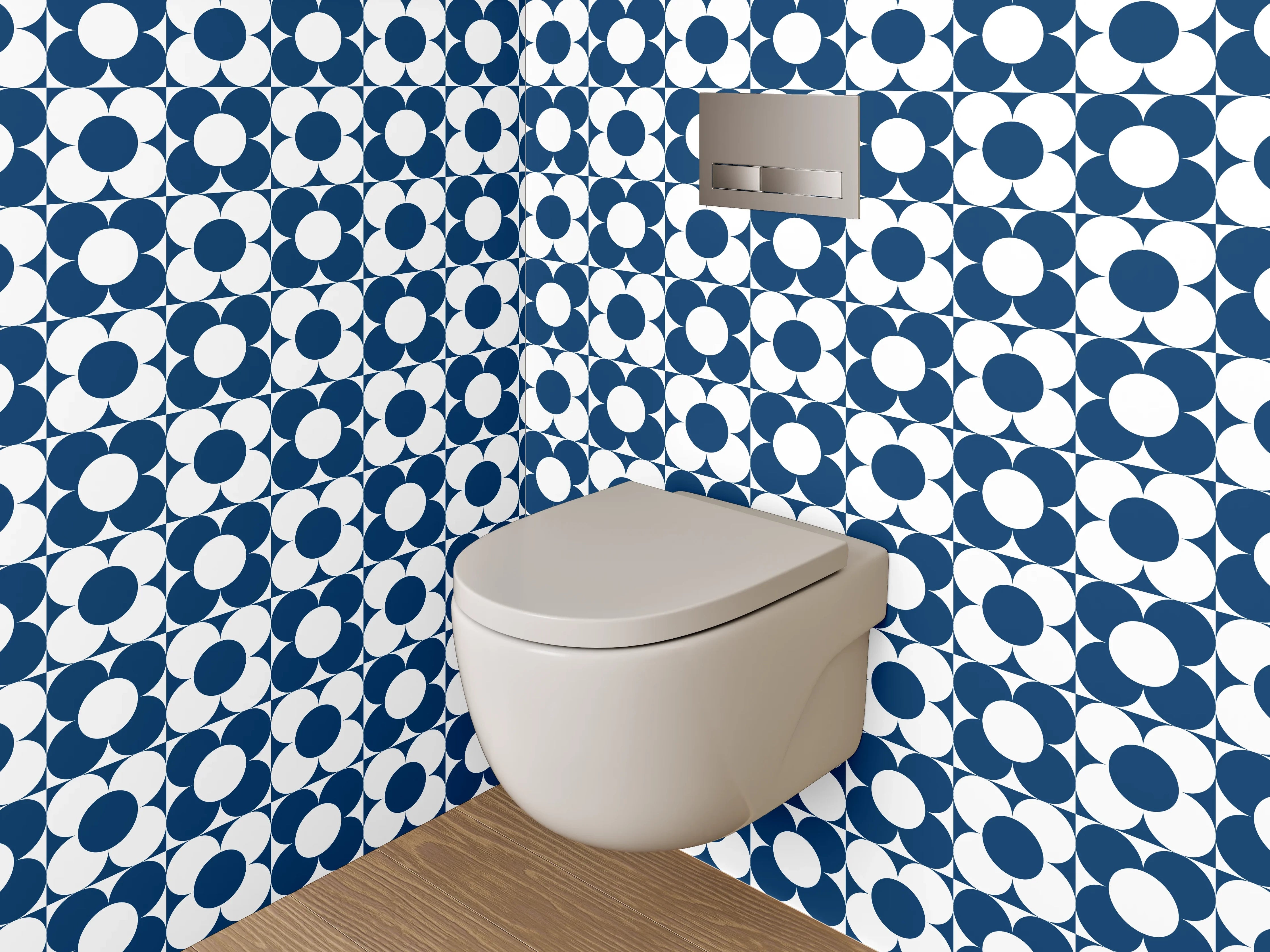 WC-Rückwand - Retro-Kachelmuster in Blau-Weiß