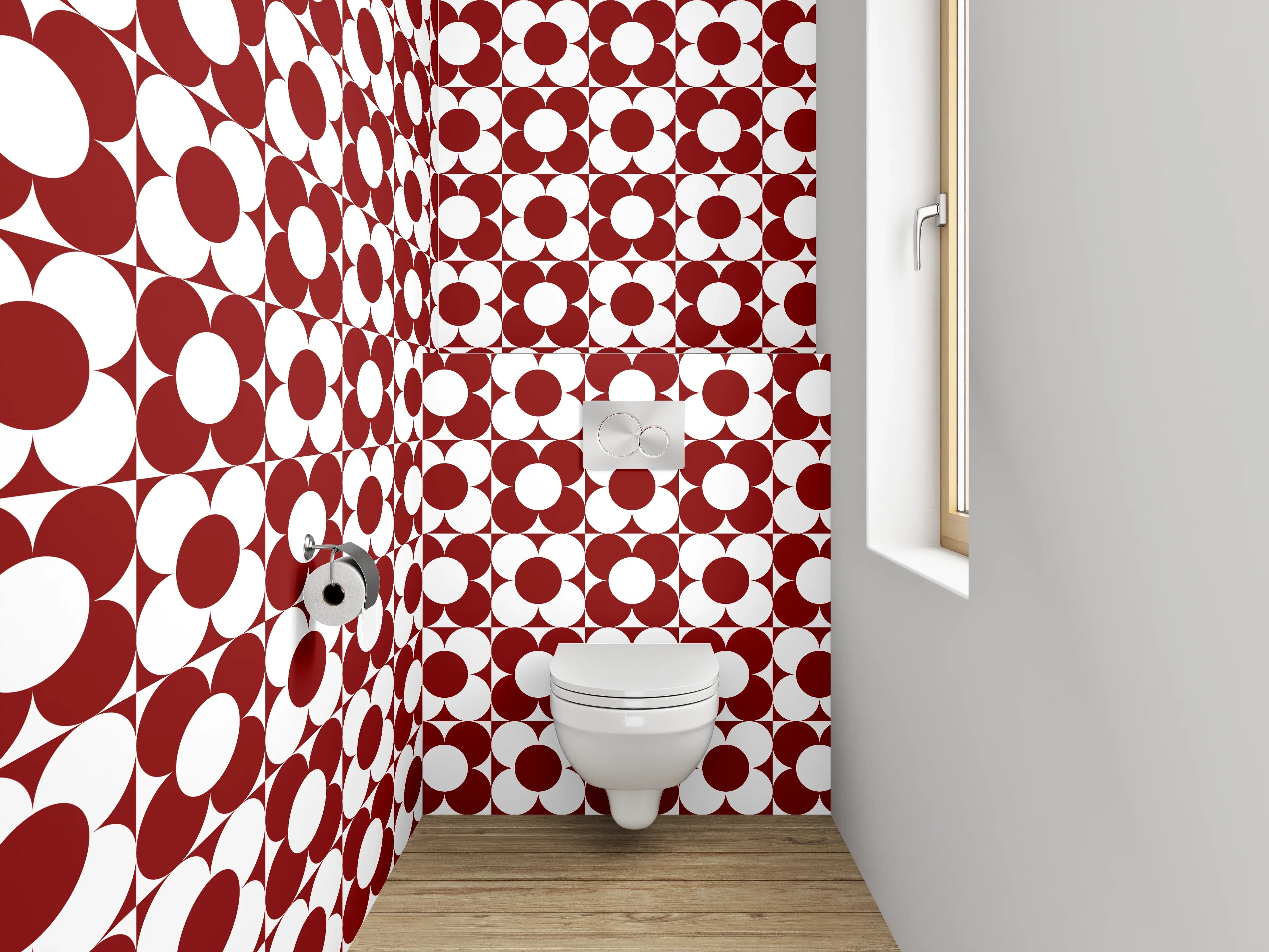 WC-Rückwand - Retro Kreismuster Rot-Weiß