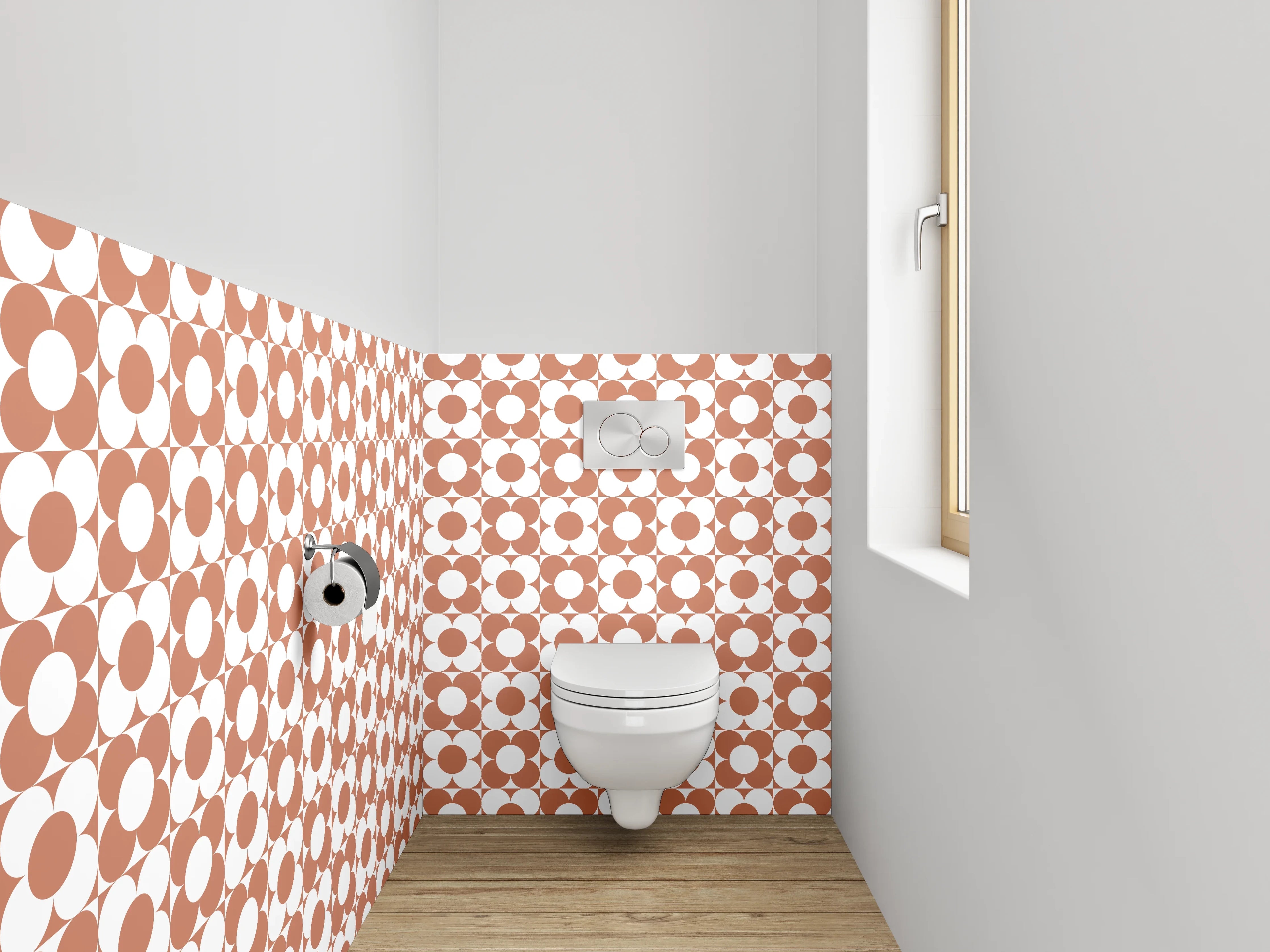 WC-Rückwand - Retro Kreismuster in Terrakotta Weiß