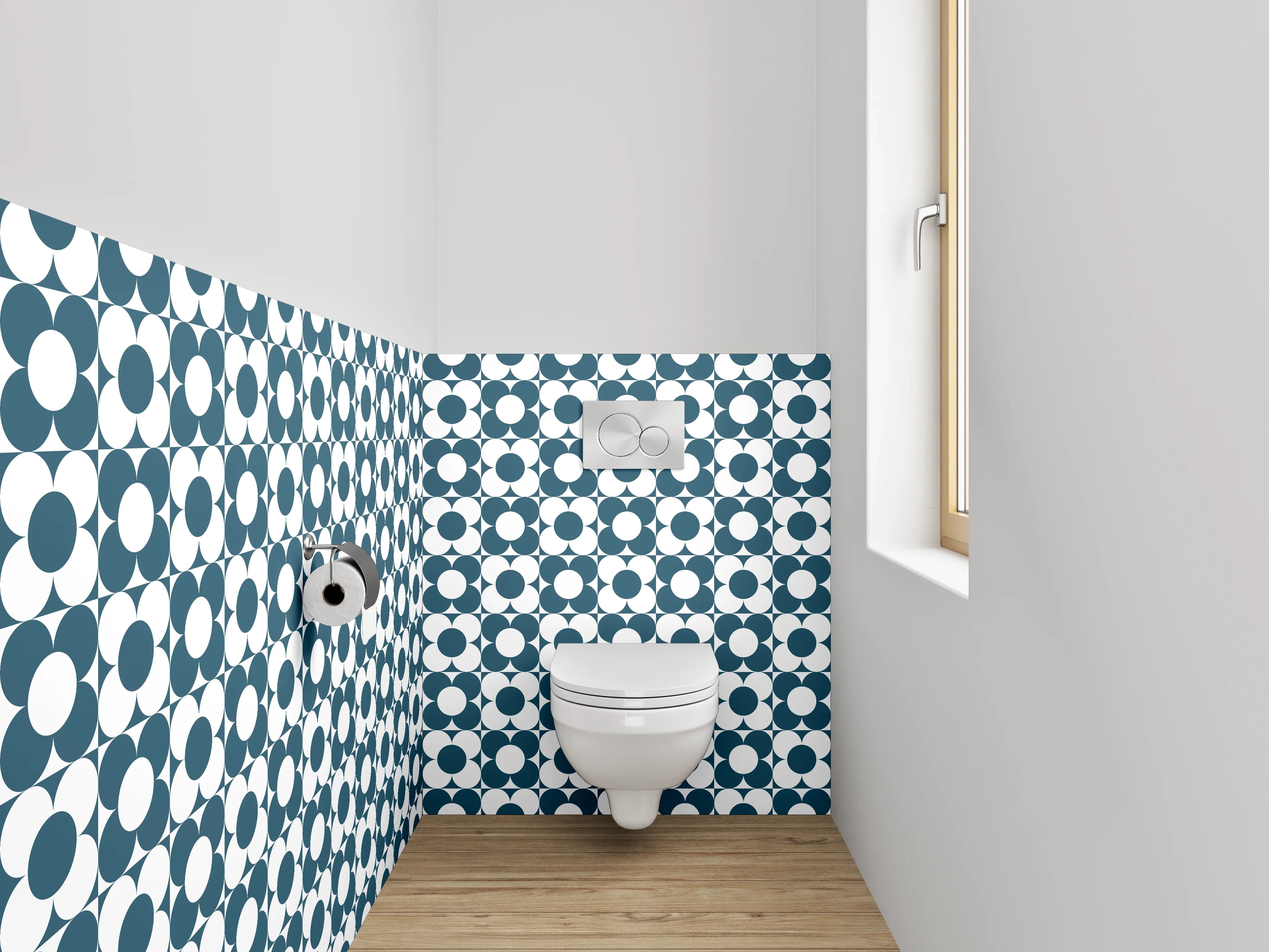 WC-Rückwand - Retro Mosaik Kreismuster Blau Weiß